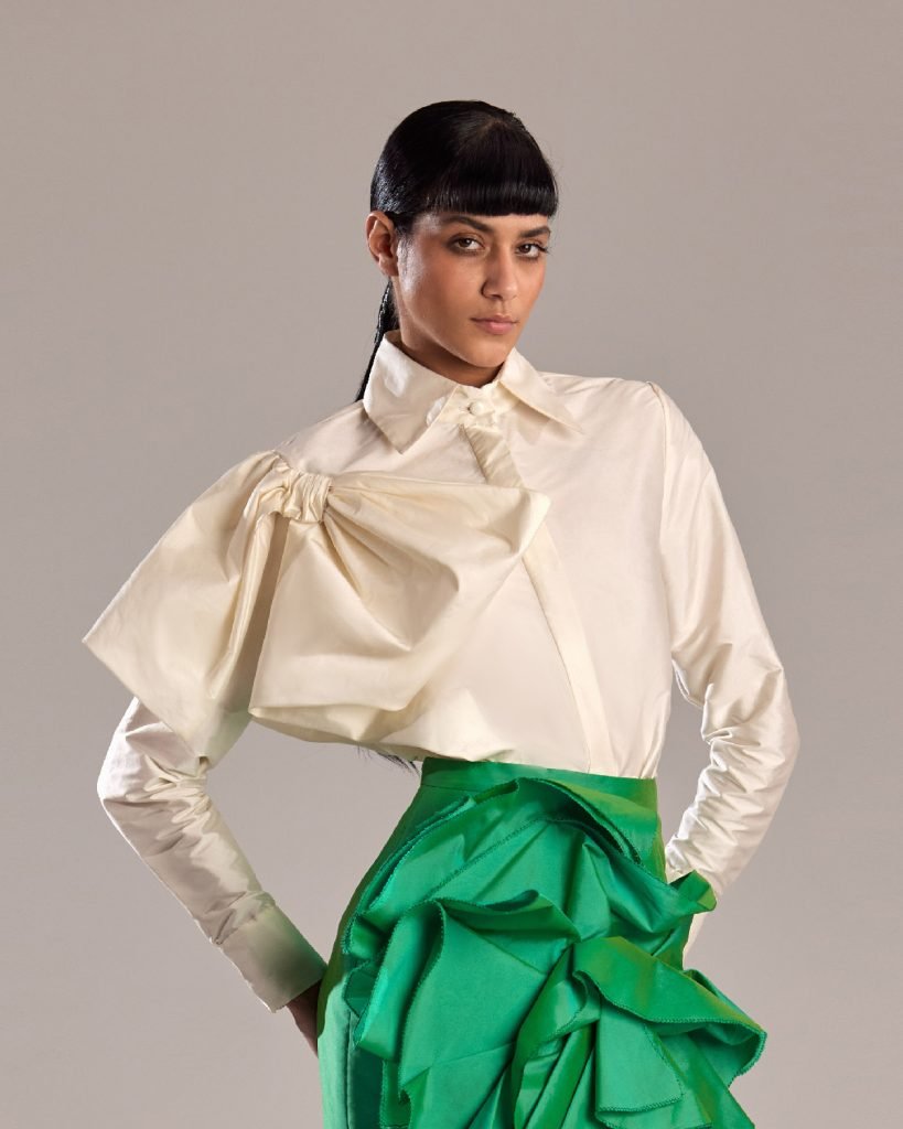 White Taffeta Top with Asymmetrical Design and Oversized Bow 