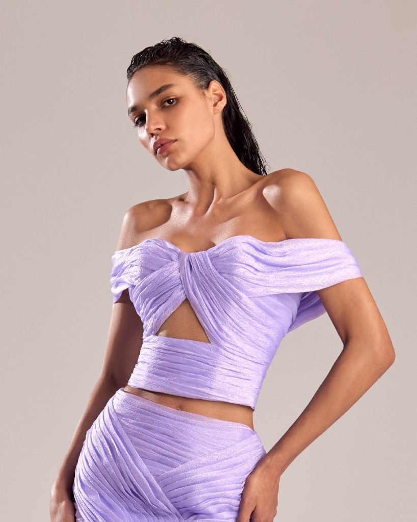 Lilac Organza Off-Shoulder Top with Elegant Draping 