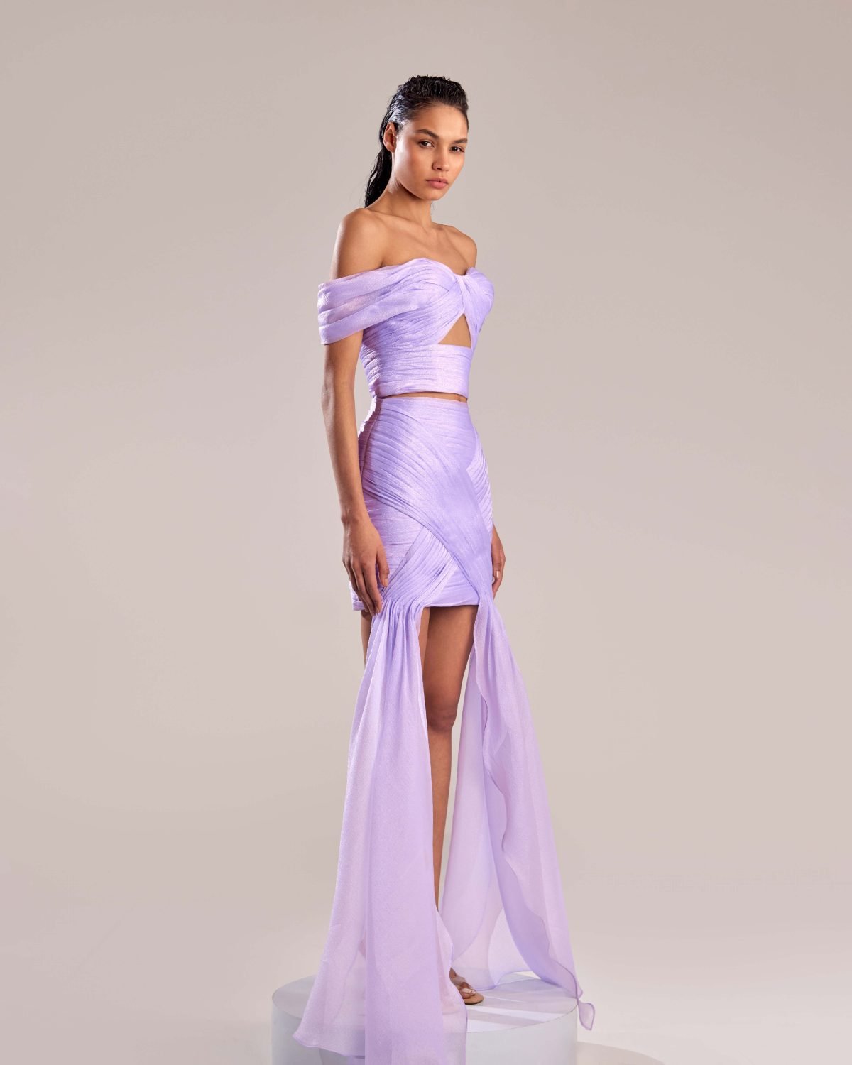 Elegant Lilac Organza Skirt with Draped Asymmetrical Layers