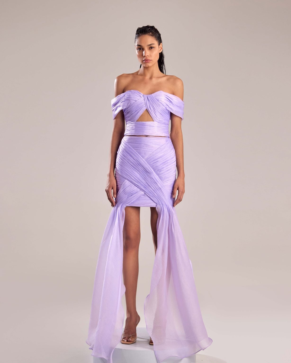 Lilac Organza Off-Shoulder Top with Elegant Draping