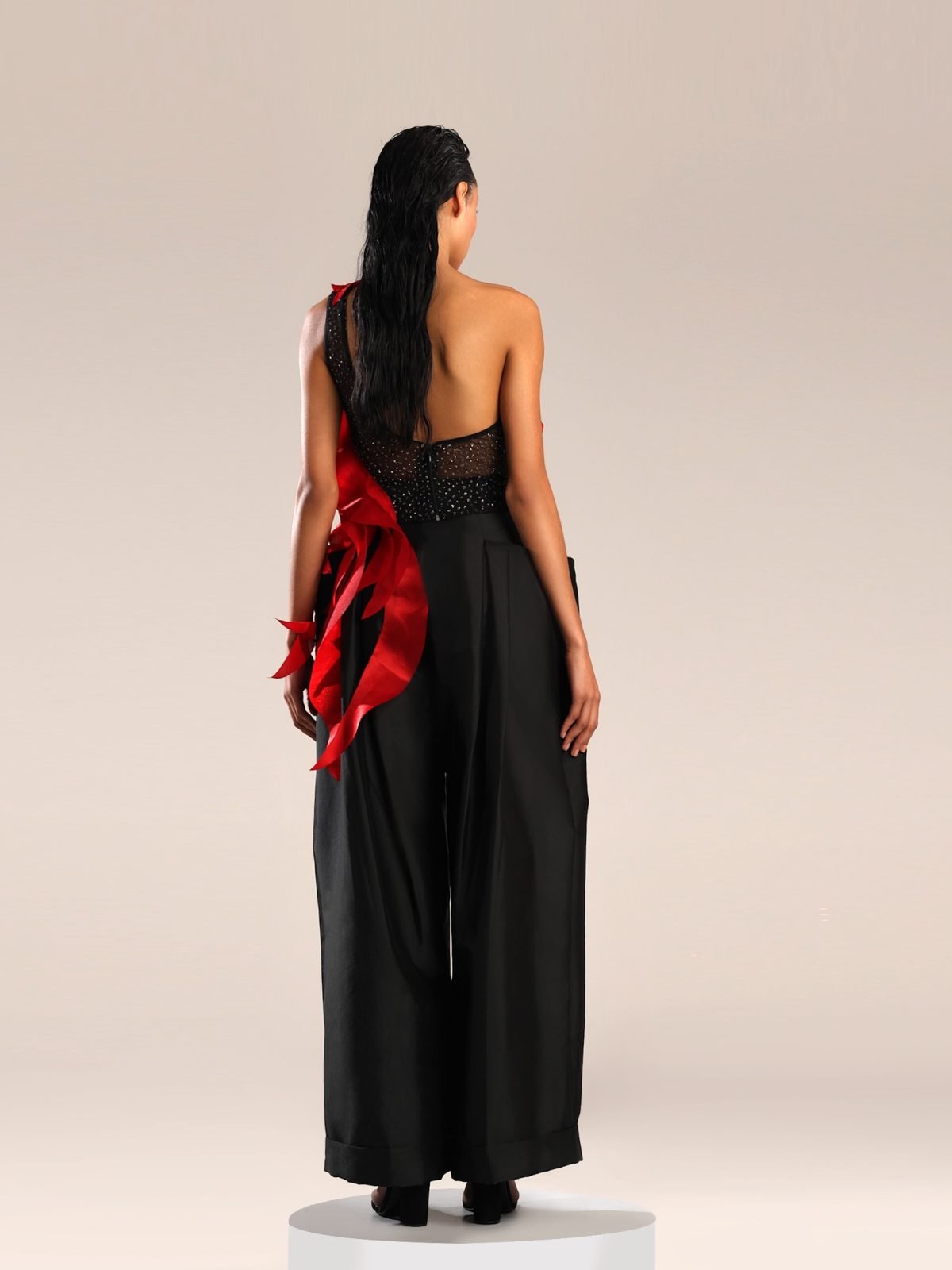 Bold Red Organza Top with Black Crystallized Base