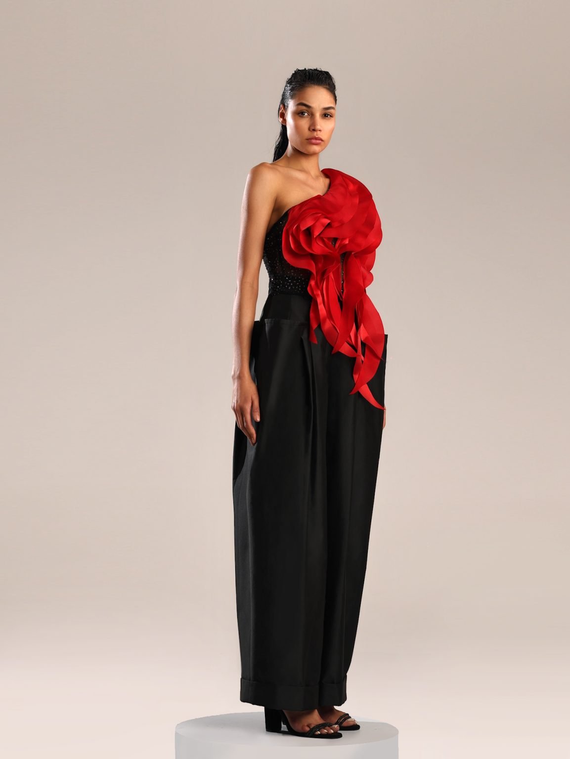 Bold Red Organza Top with Black Crystallized Base