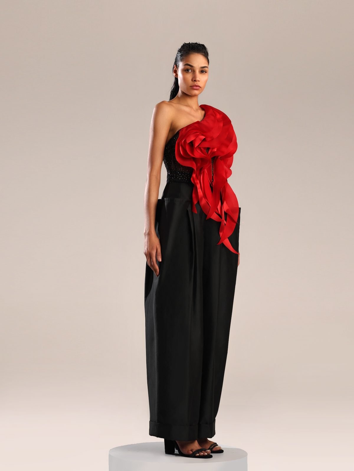 Bold Red Organza Top with Black Crystallized Base