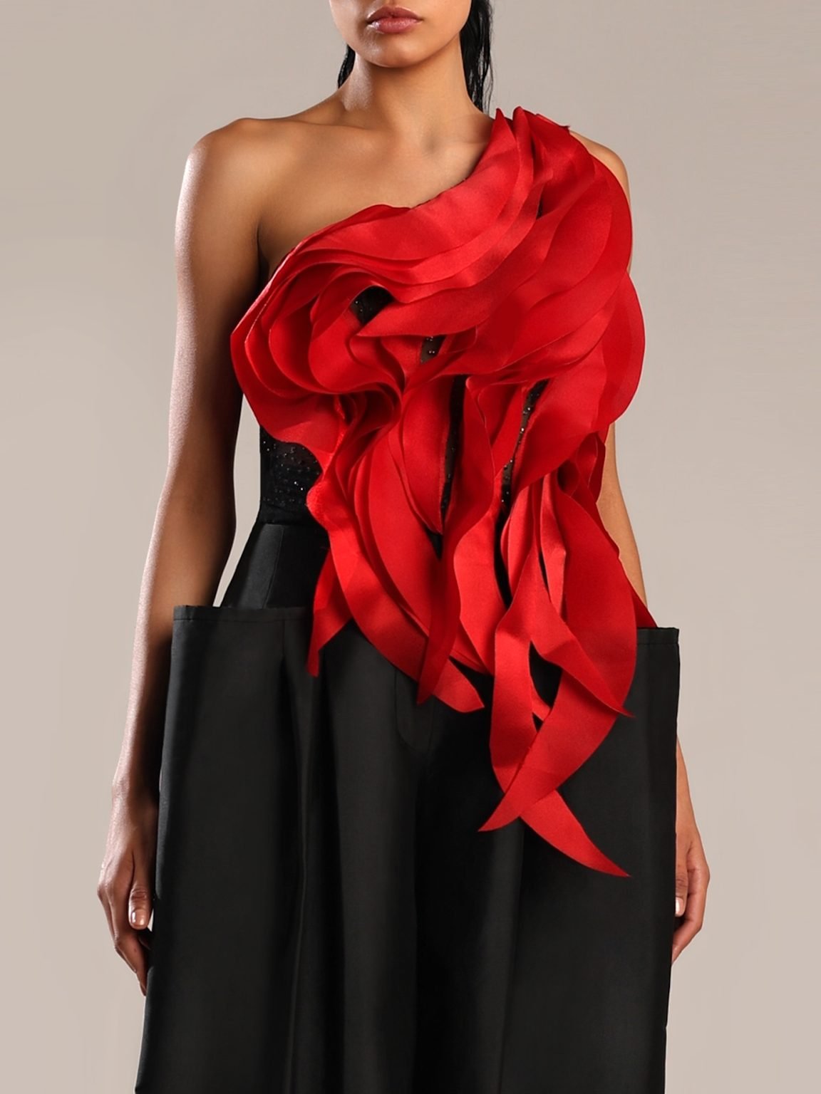 Bold Red Organza Top with Black Crystallized Base