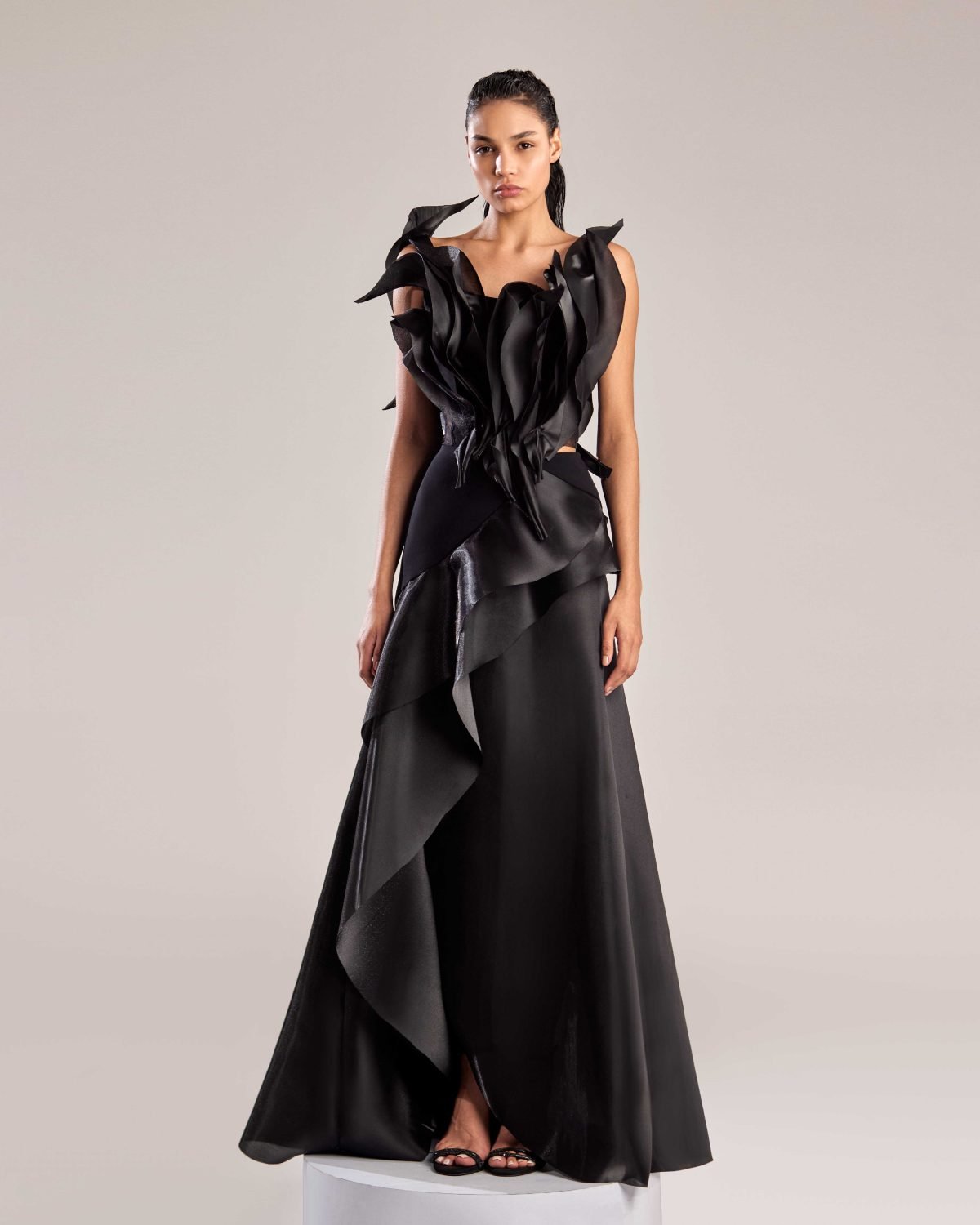 Elegant Black Organza Top with Dramatic Ruffles