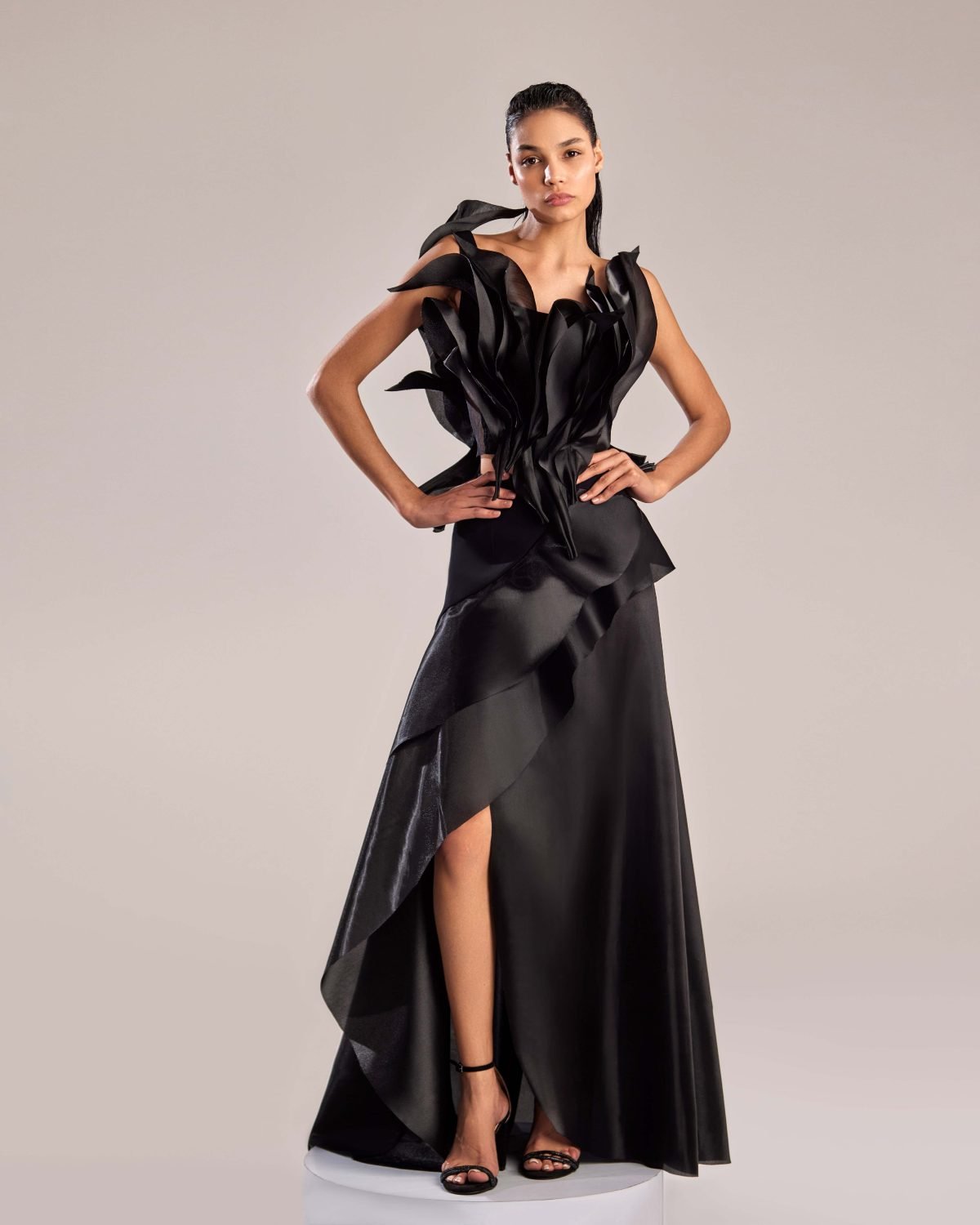 Elegant Black Organza Top with Dramatic Ruffles