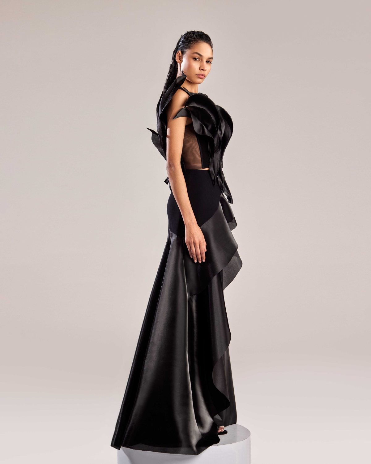 Elegant Black Organza Top with Dramatic Ruffles