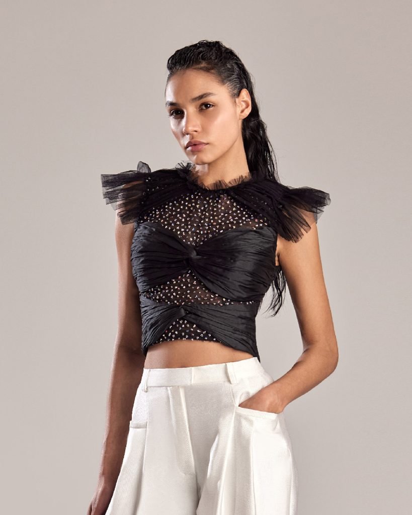 Black Taffeta Top with Crystallized Tulle and Hints of Transparency 