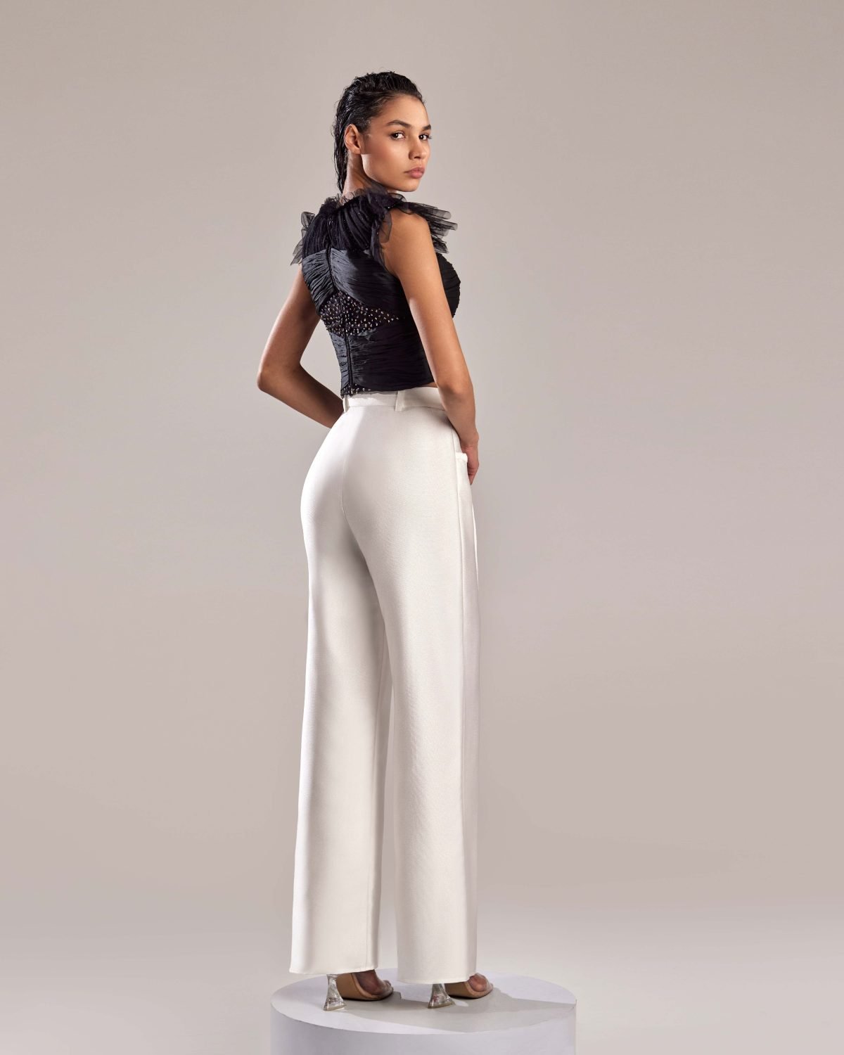 Elegant Metallic Silver Flared Wide-Leg Pants