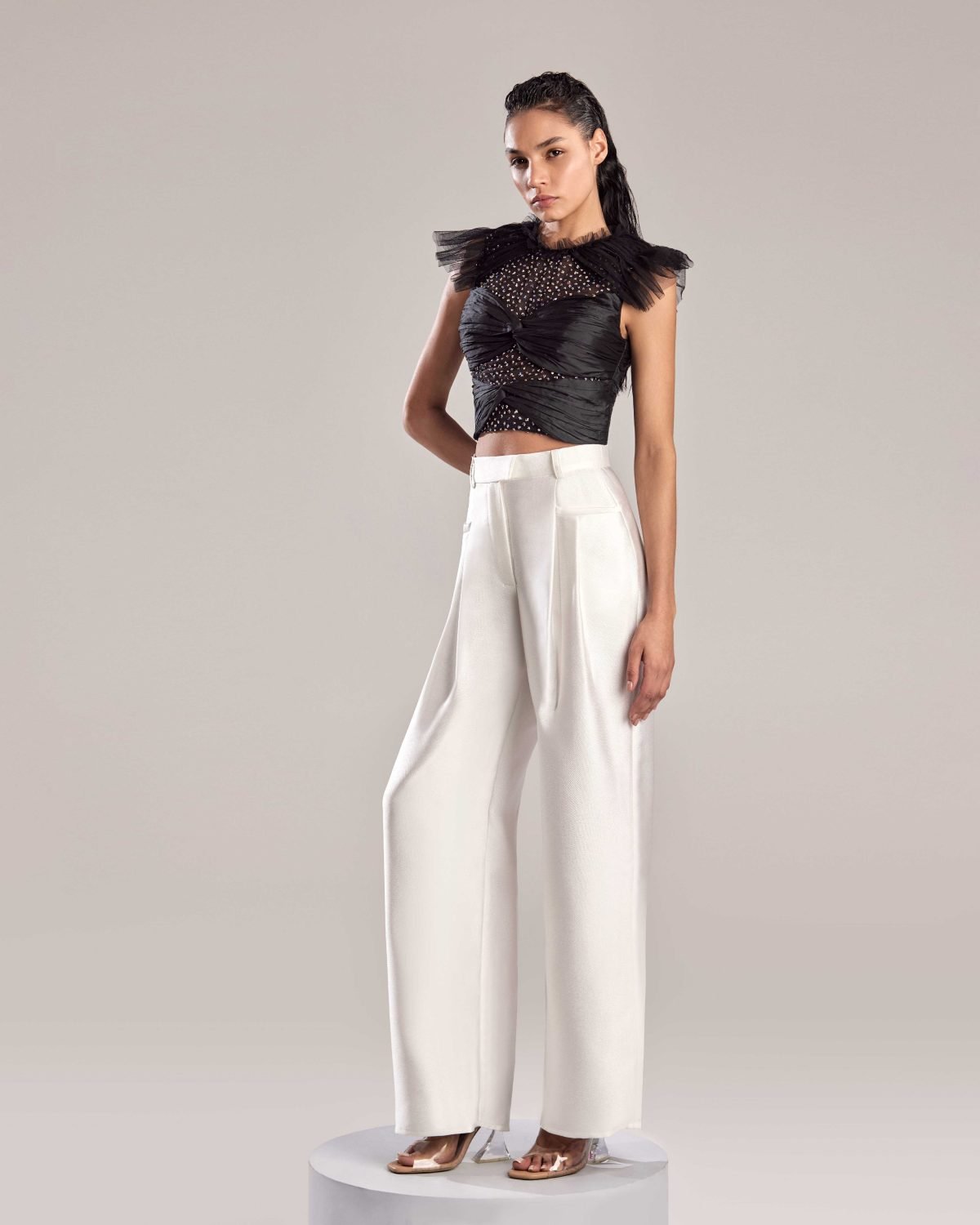 Elegant Metallic Silver Flared Wide-Leg Pants