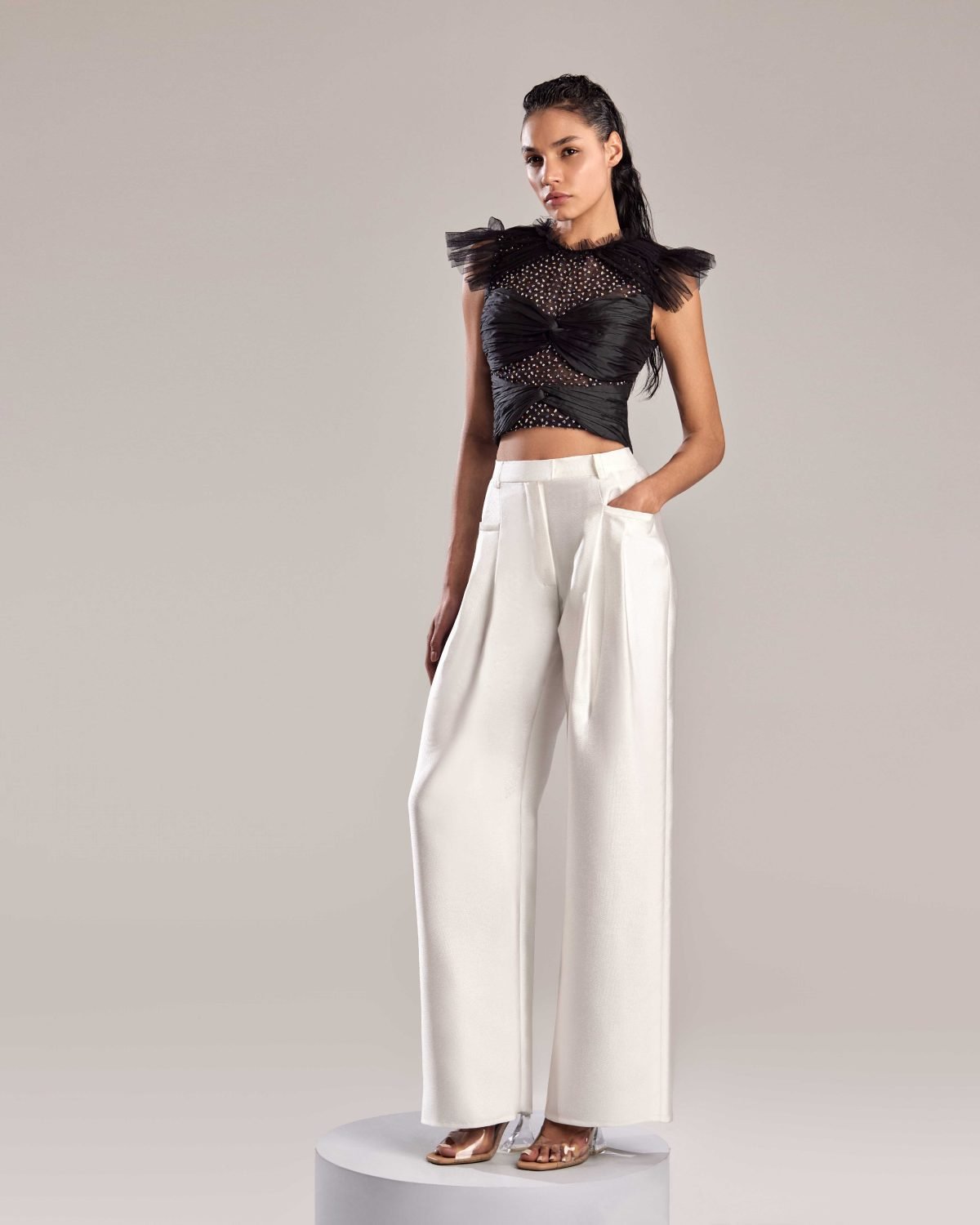Elegant Metallic Silver Flared Wide-Leg Pants