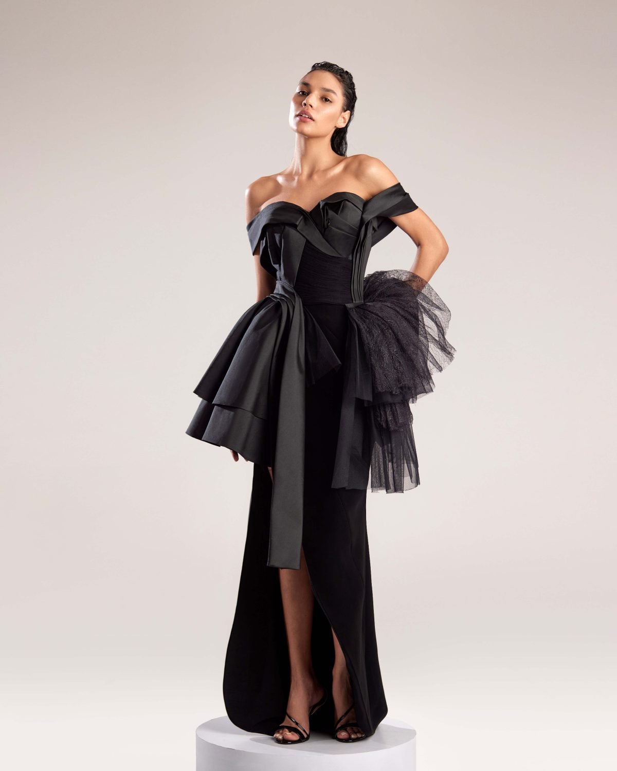 Elegant Black Taffeta and Pleated Tulle Sophisticated Top