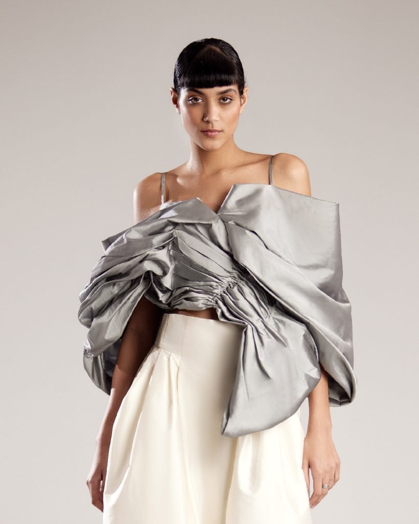 Luxurious Silver Taffeta Top with Dramatic Folds for a Glamorous Look 