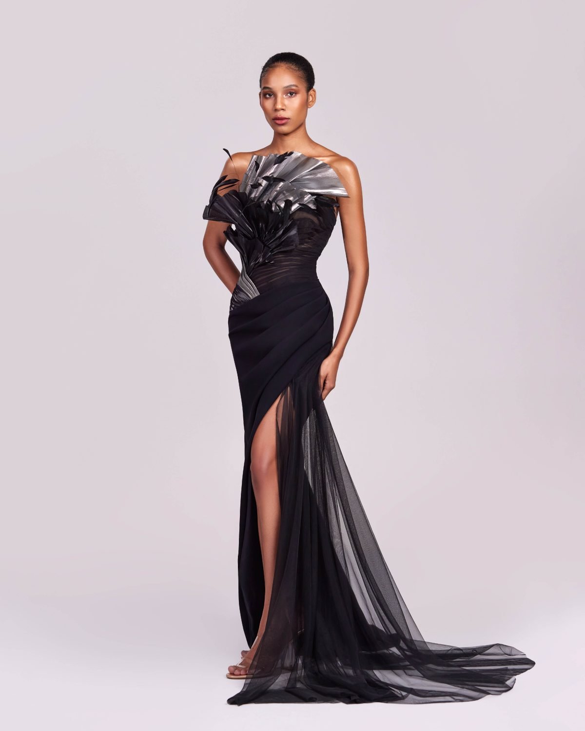 Enchanting Feathered Neckline Black Metallic Dress - Black, 36
