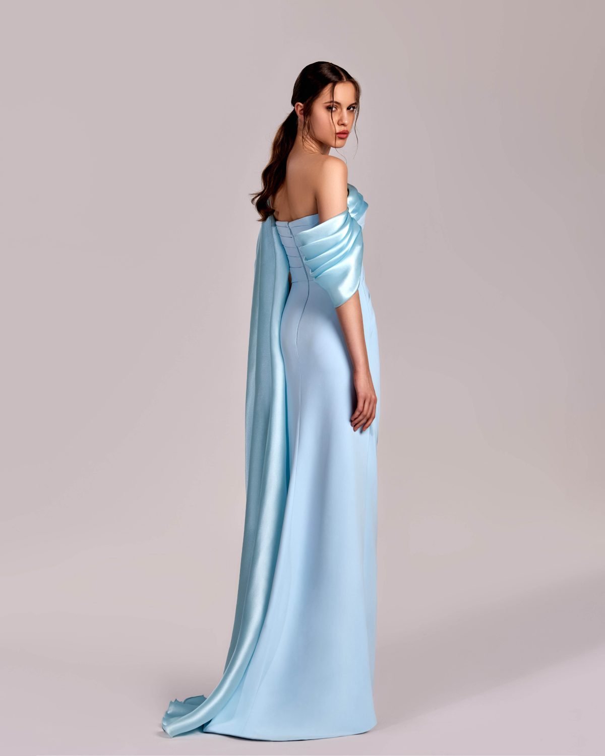 Elegant Ice Blue Off-Shoulder Dress with Cape