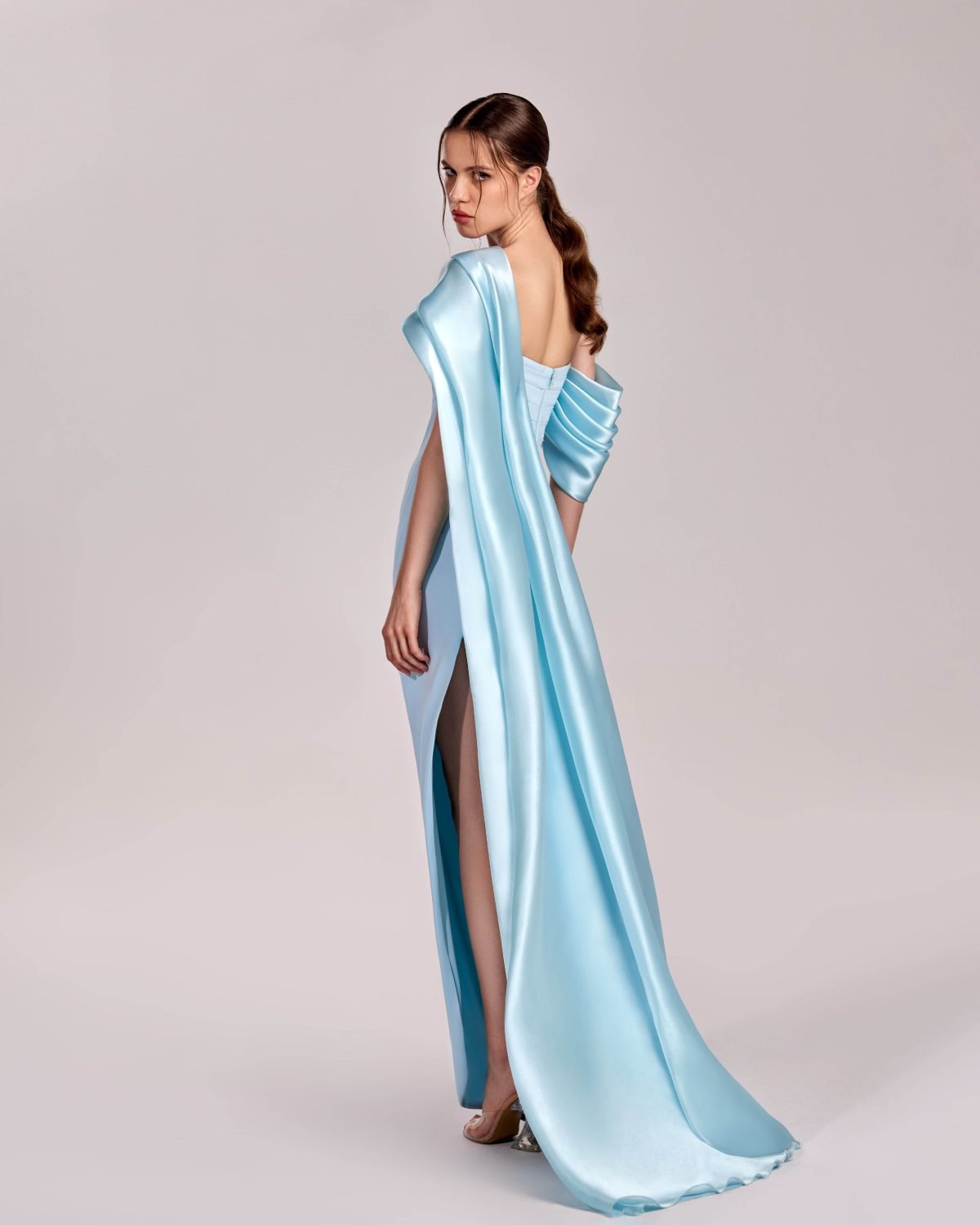 Elegant Ice Blue Off-Shoulder Dress with Cape