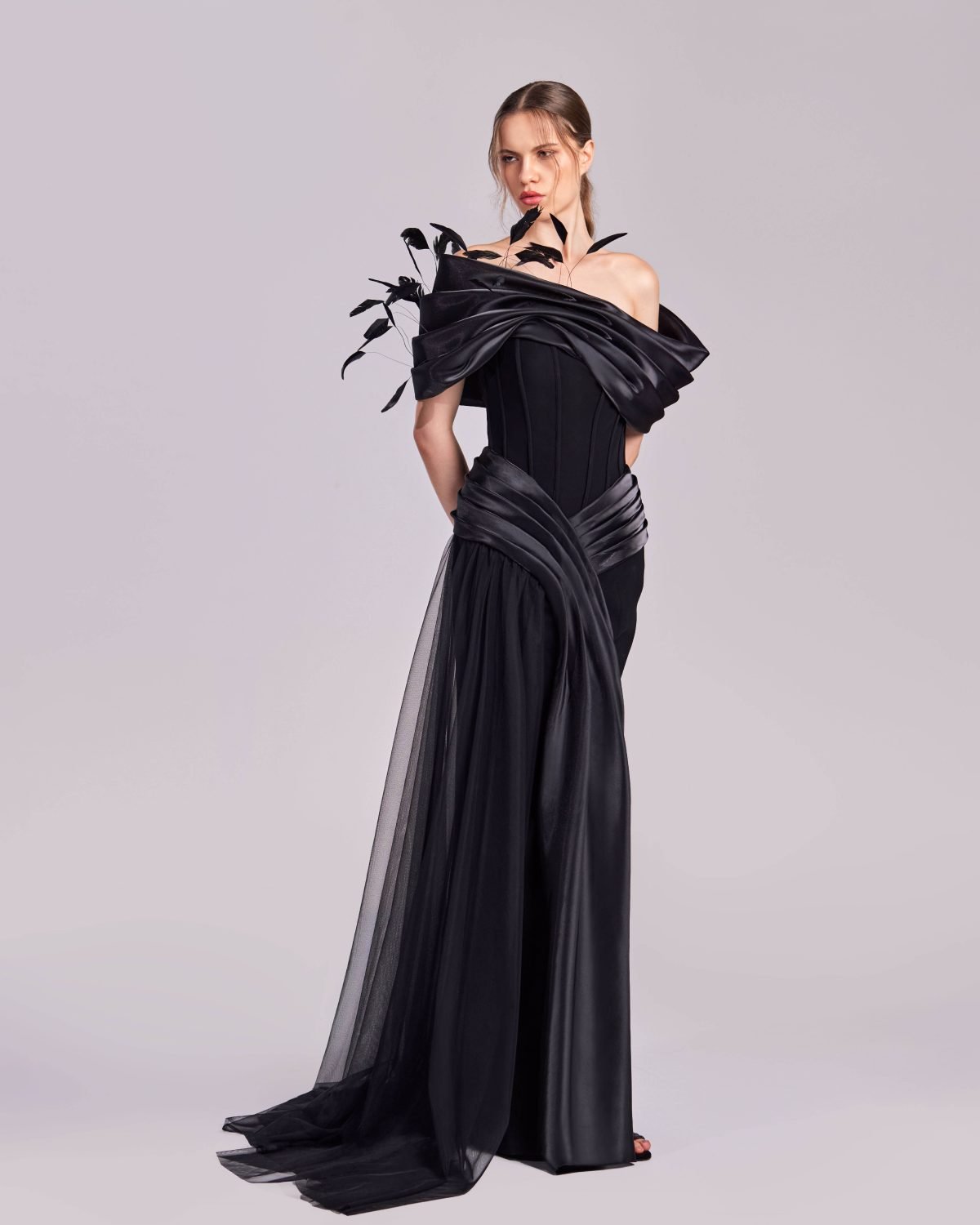 Black Corset Dress with Feathered Off-Shoulders