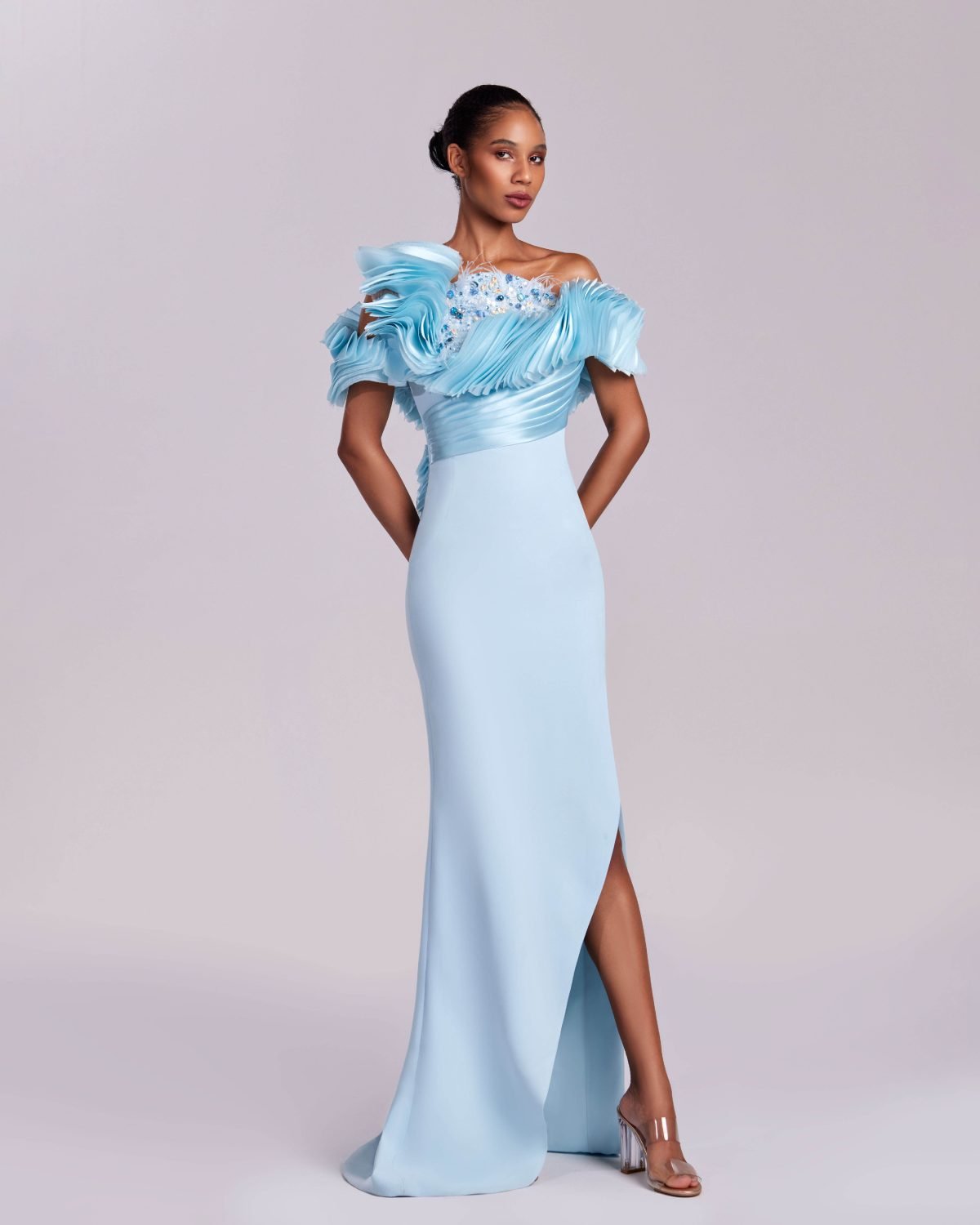Ethereal Pleated Off-Shoulders Dress with a Crystalized and Feathered Bodice