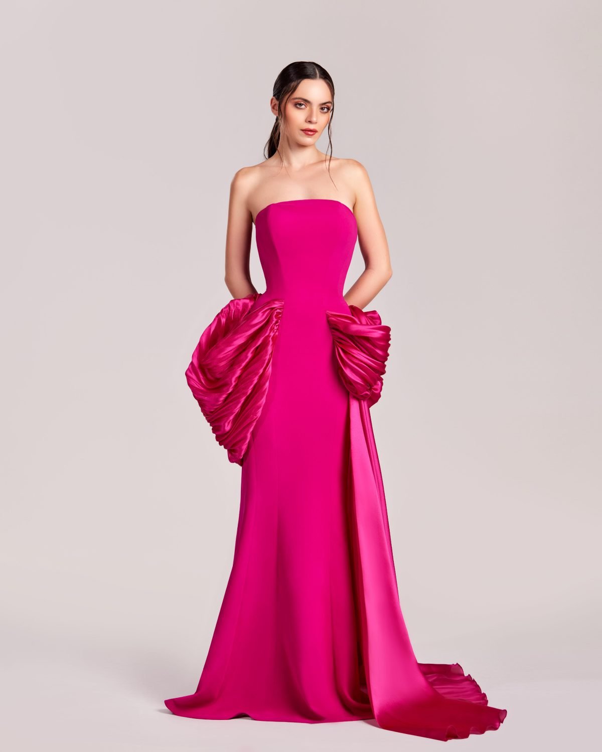 Vibrant Strapless Fuchsia Dress with Exquisite Draped Organza Accents