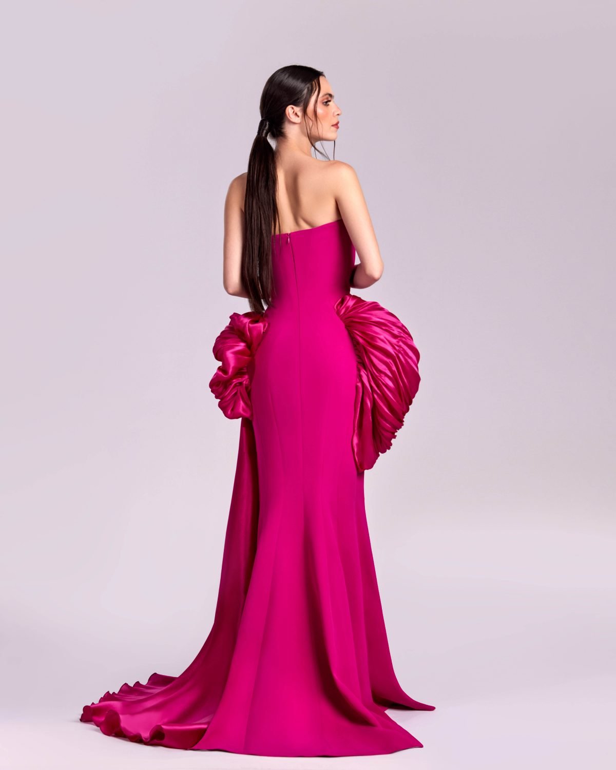 Vibrant Strapless Fuchsia Dress with Exquisite Draped Organza Accents