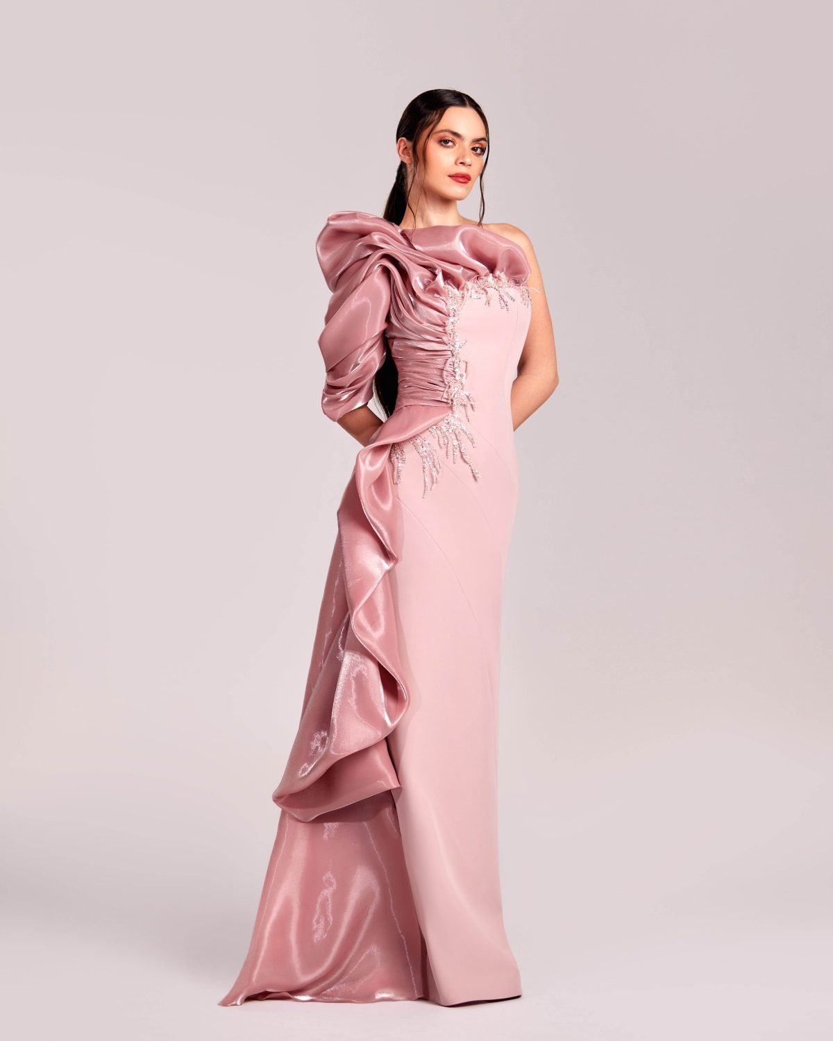 Dramatic Ruffled Sleeve and Lace Adorned Gown