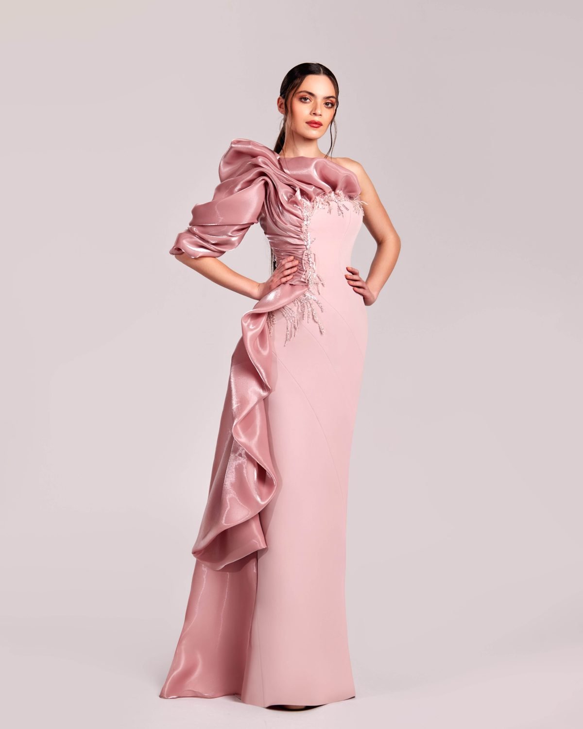 Dramatic Ruffled Sleeve and Lace Adorned Gown