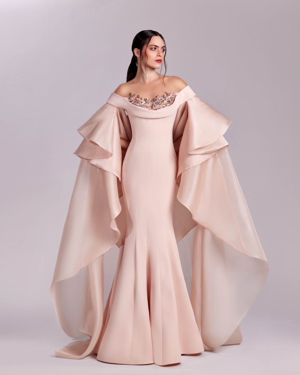 Majestic Embellished Pink Gown with Cascading Sleeves