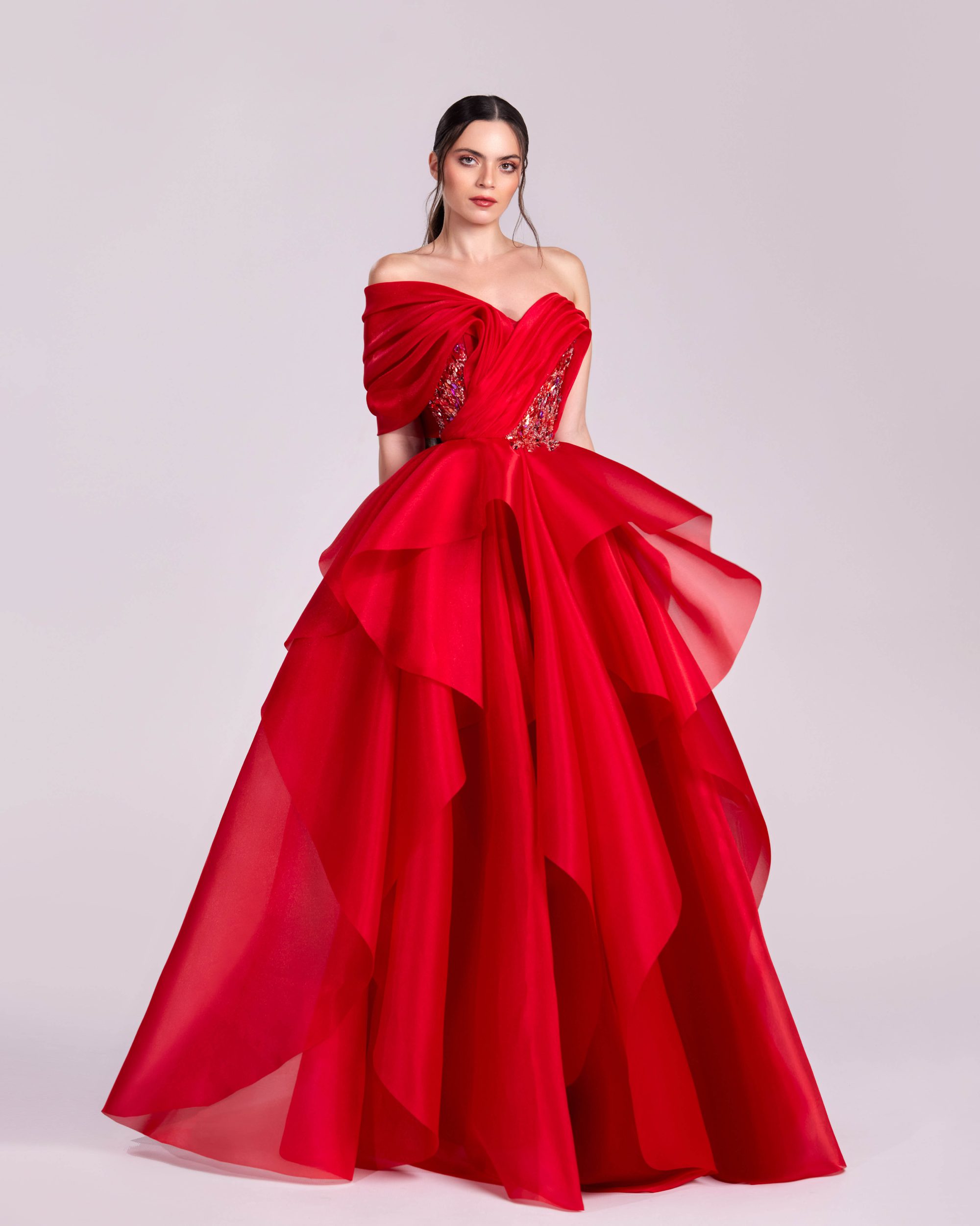 Off-Shoulder Red Ball Gown with Embellished Bodice