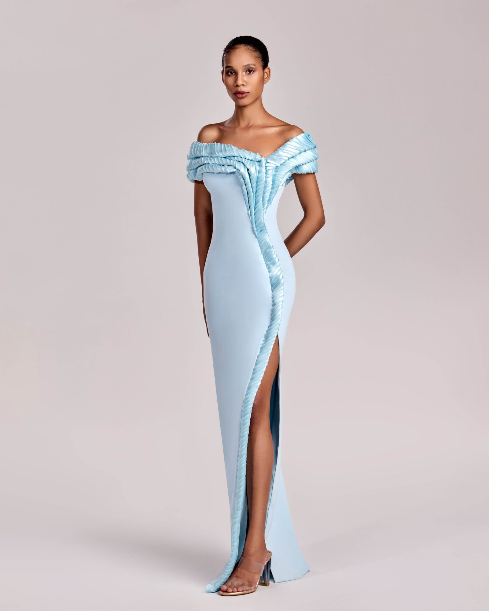 Ice Blue Three Dimensional Pleated Off-Shoulder Evening Dress