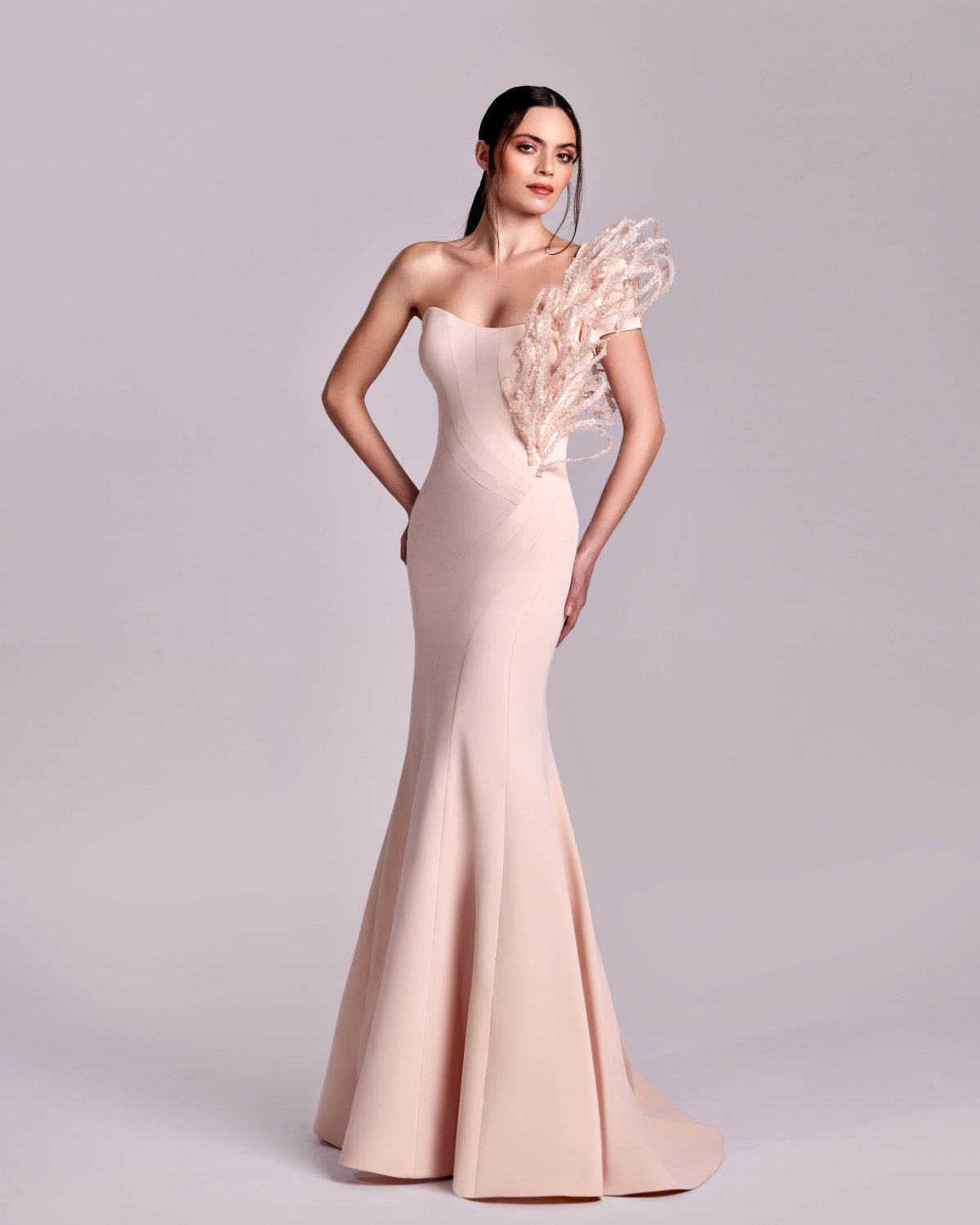 Mermaid Pink Nude Dress with 3D Ribbed One-Shoulder Cap Sleeve