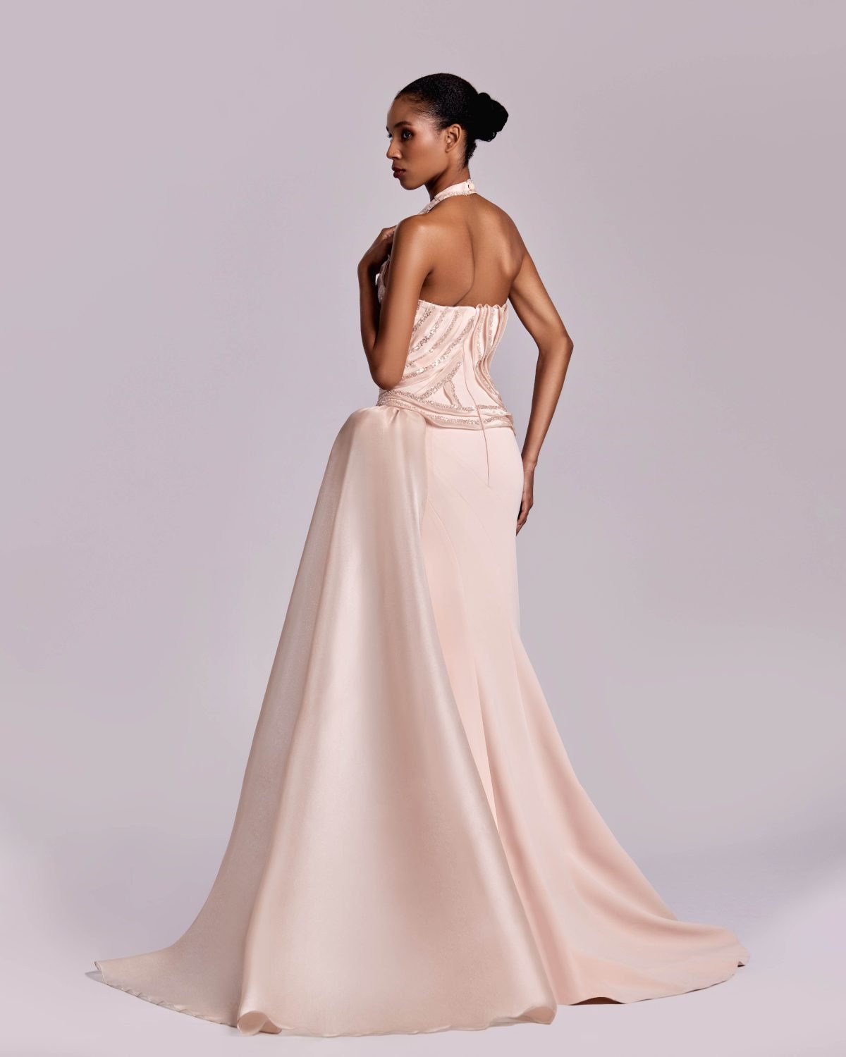 Embellished Halter-Neck Pink Nude Dress With a Flowing Train