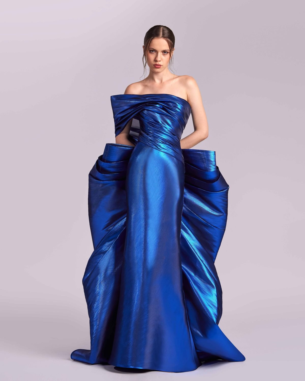 Fluid Royal Blue Metallic Dress with Side Drapes
