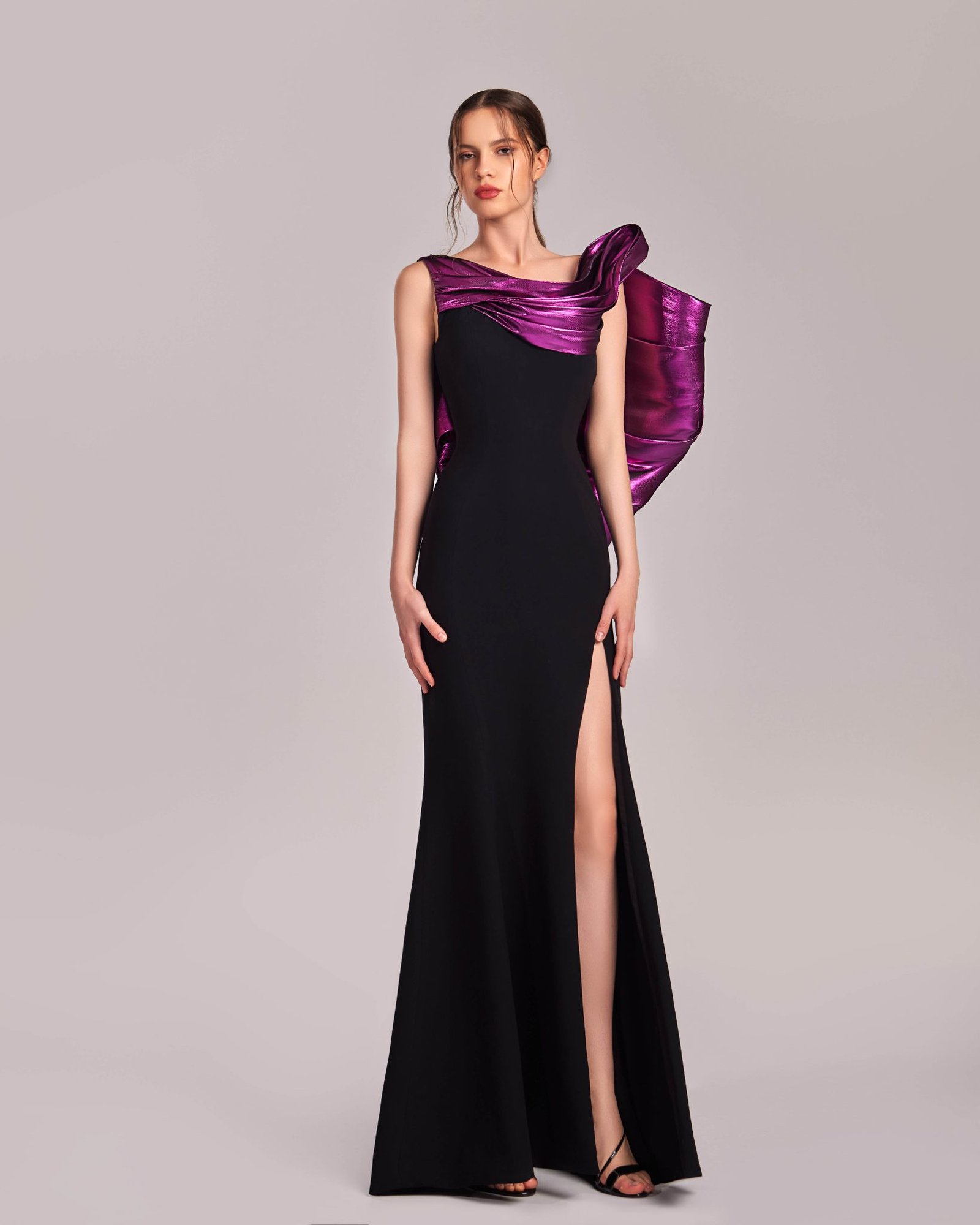 Black Open Back Dress with Metallic Fuchsia Drapes