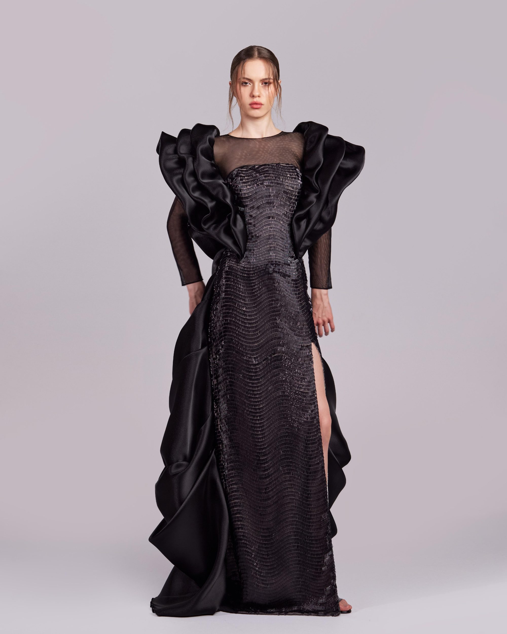 Elegant Black Sequins Gown with Dramatic Shoulders