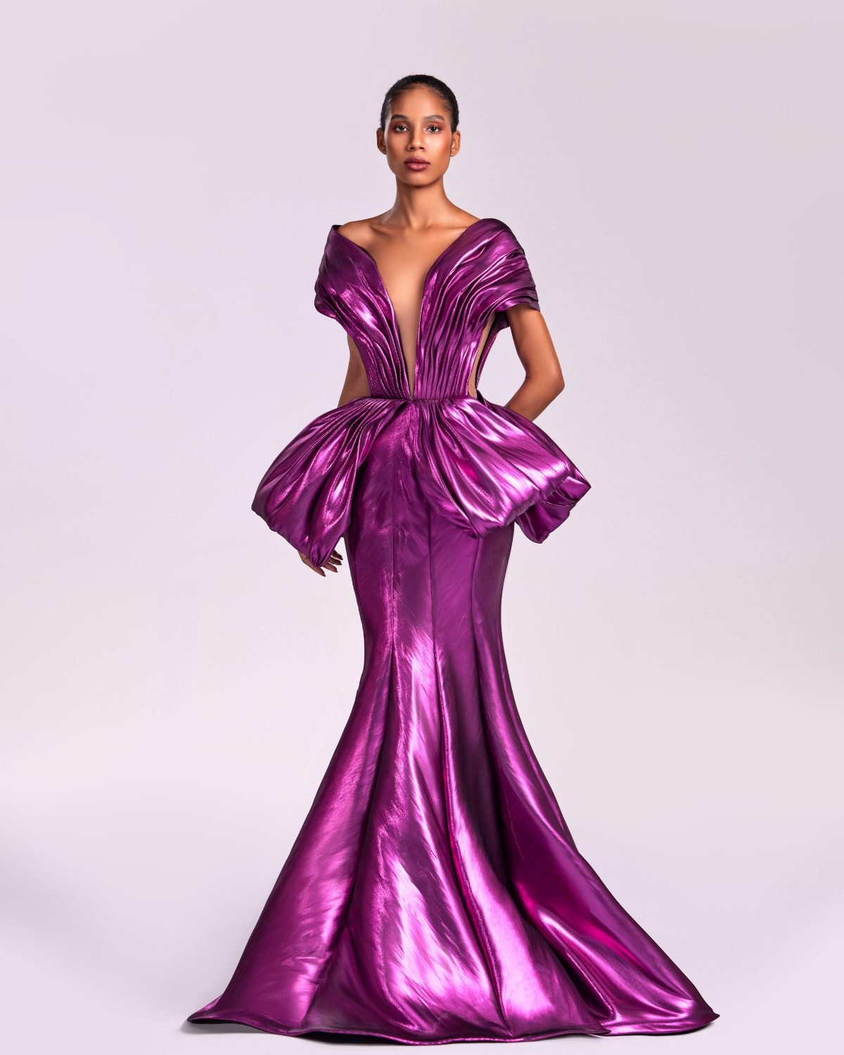 Deep V Metallic Fuchsia Mermaid Dress