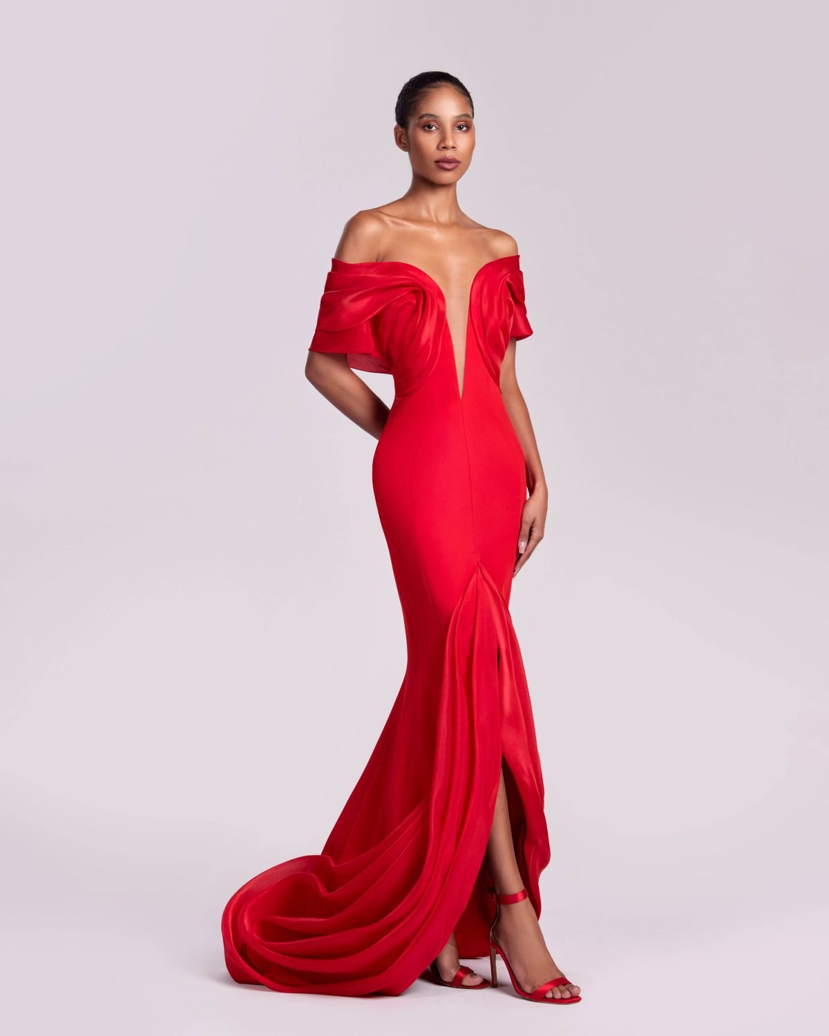 Red Off-the-Shoulder Gown with Deep V-Cut and Front Slit
