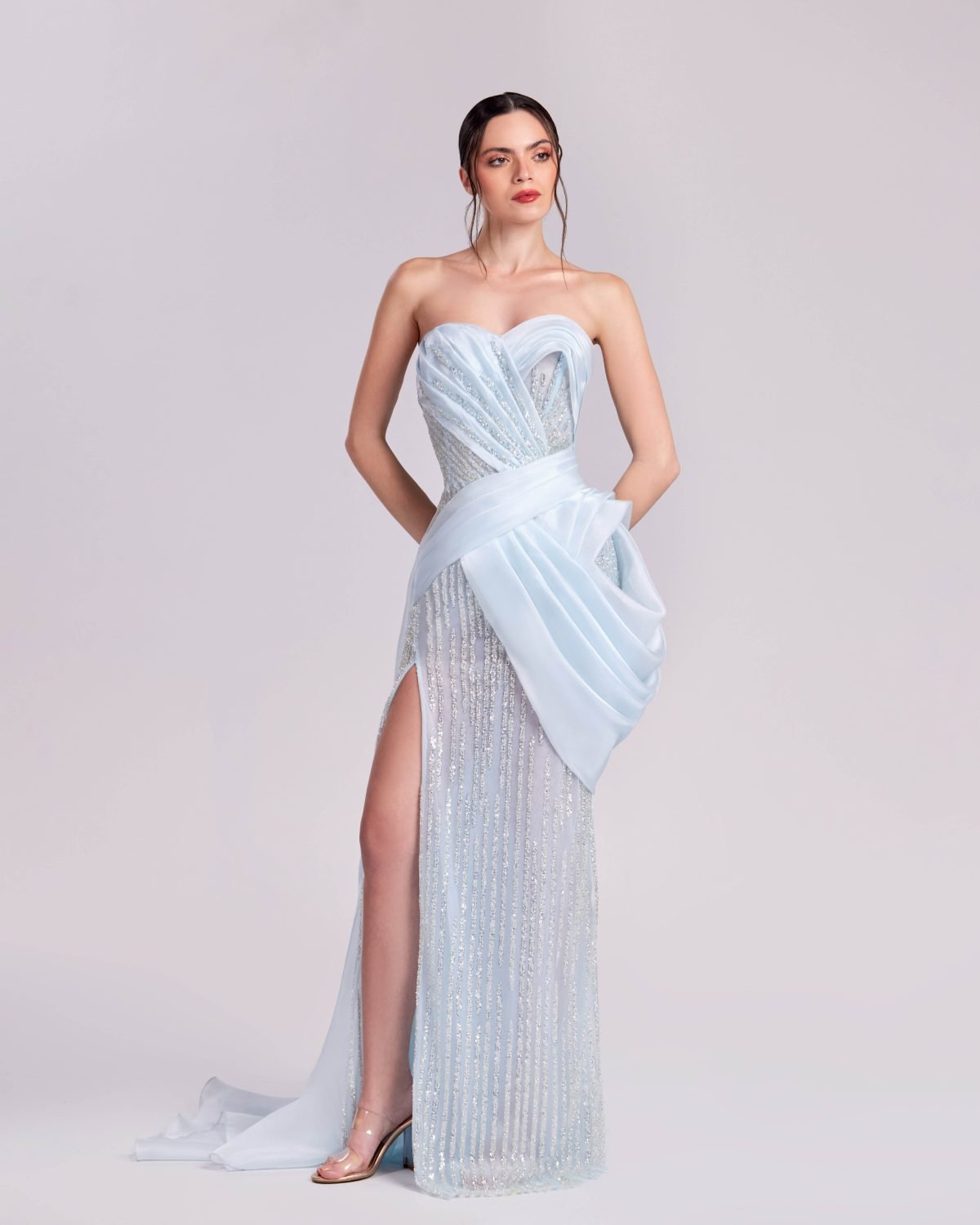 Celestial Ice Blue lace Dress with Organza Detailing