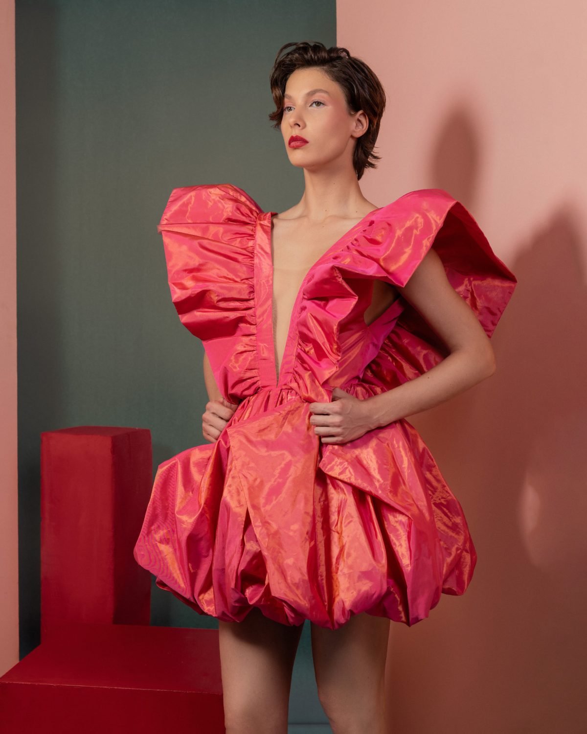 Plunging Ruffles in Metallic Coral Taffeta Party Dress