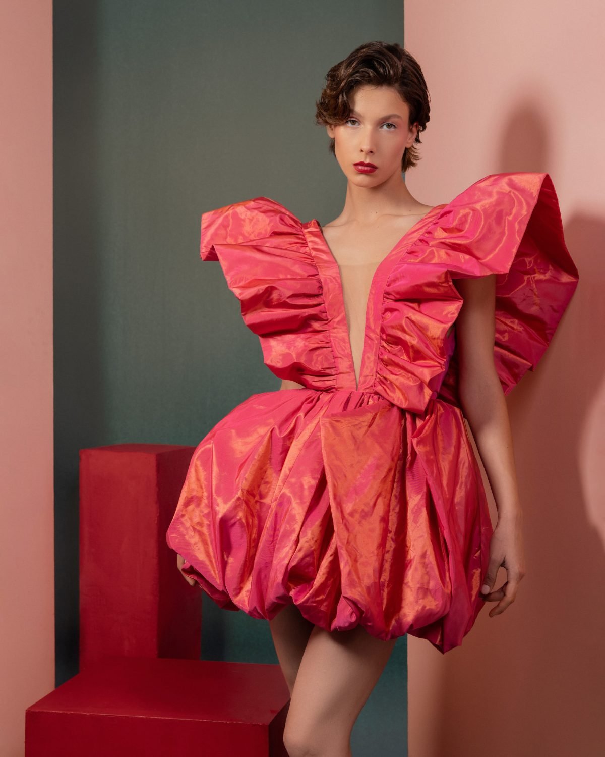 Plunging Ruffles in Metallic Coral Taffeta Party Dress
