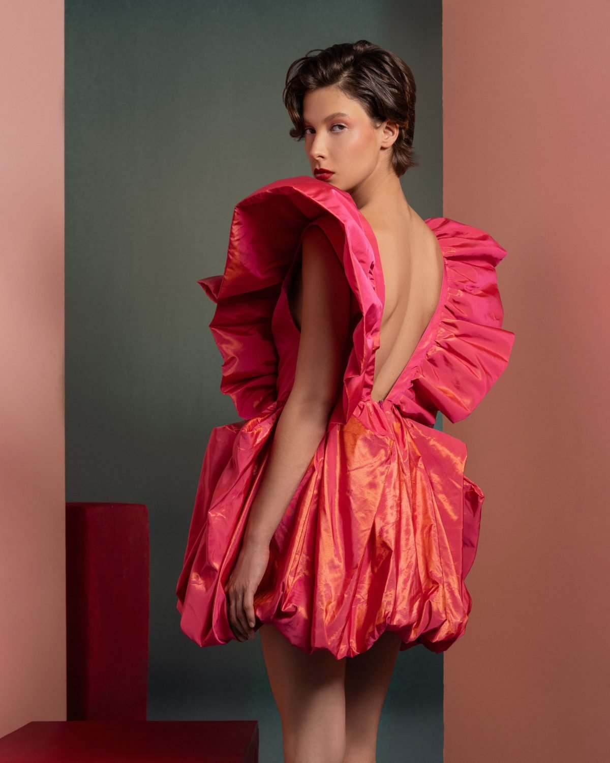 Plunging Ruffles in Metallic Coral Taffeta Party Dress