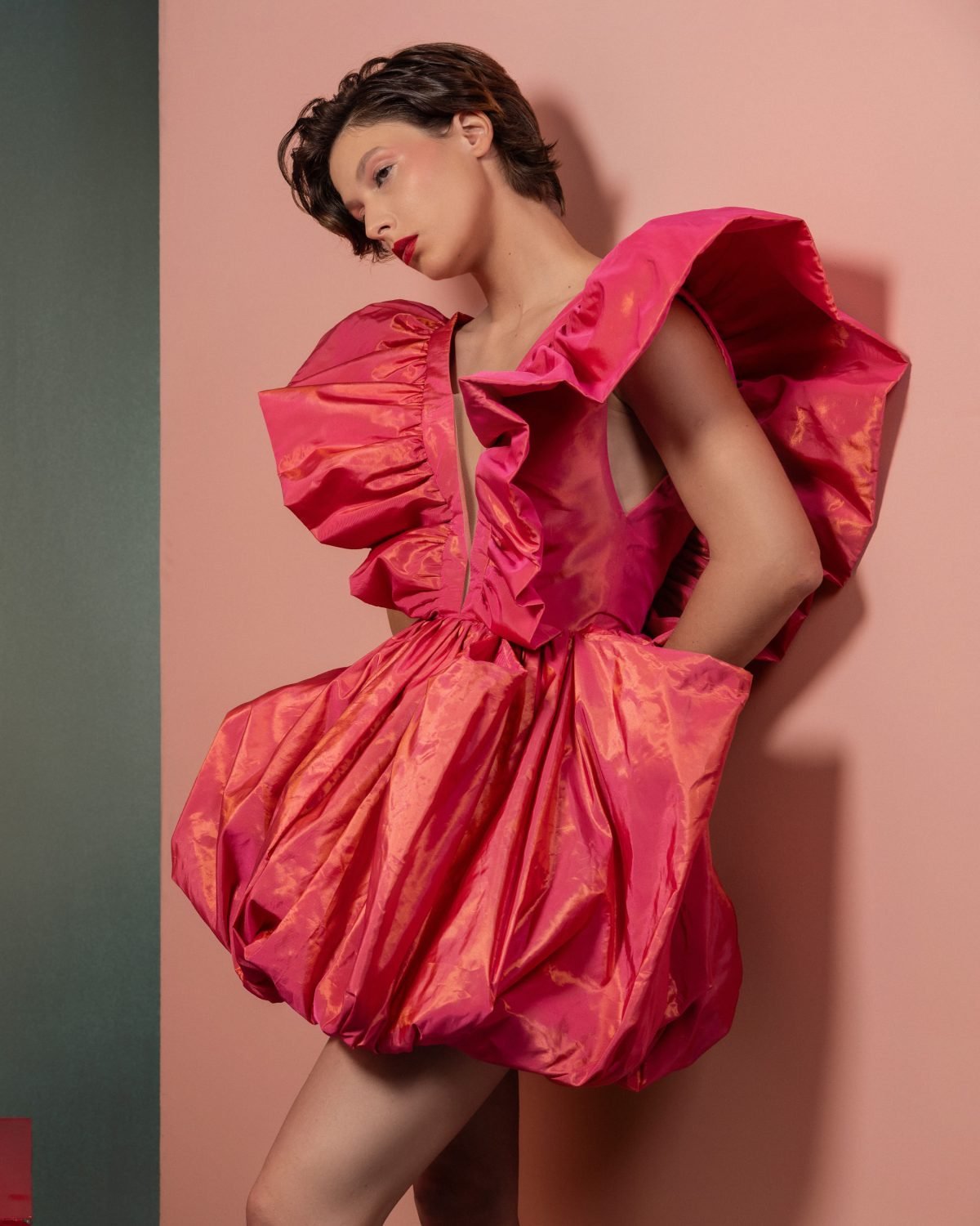 Plunging Ruffles in Metallic Coral Taffeta Party Dress