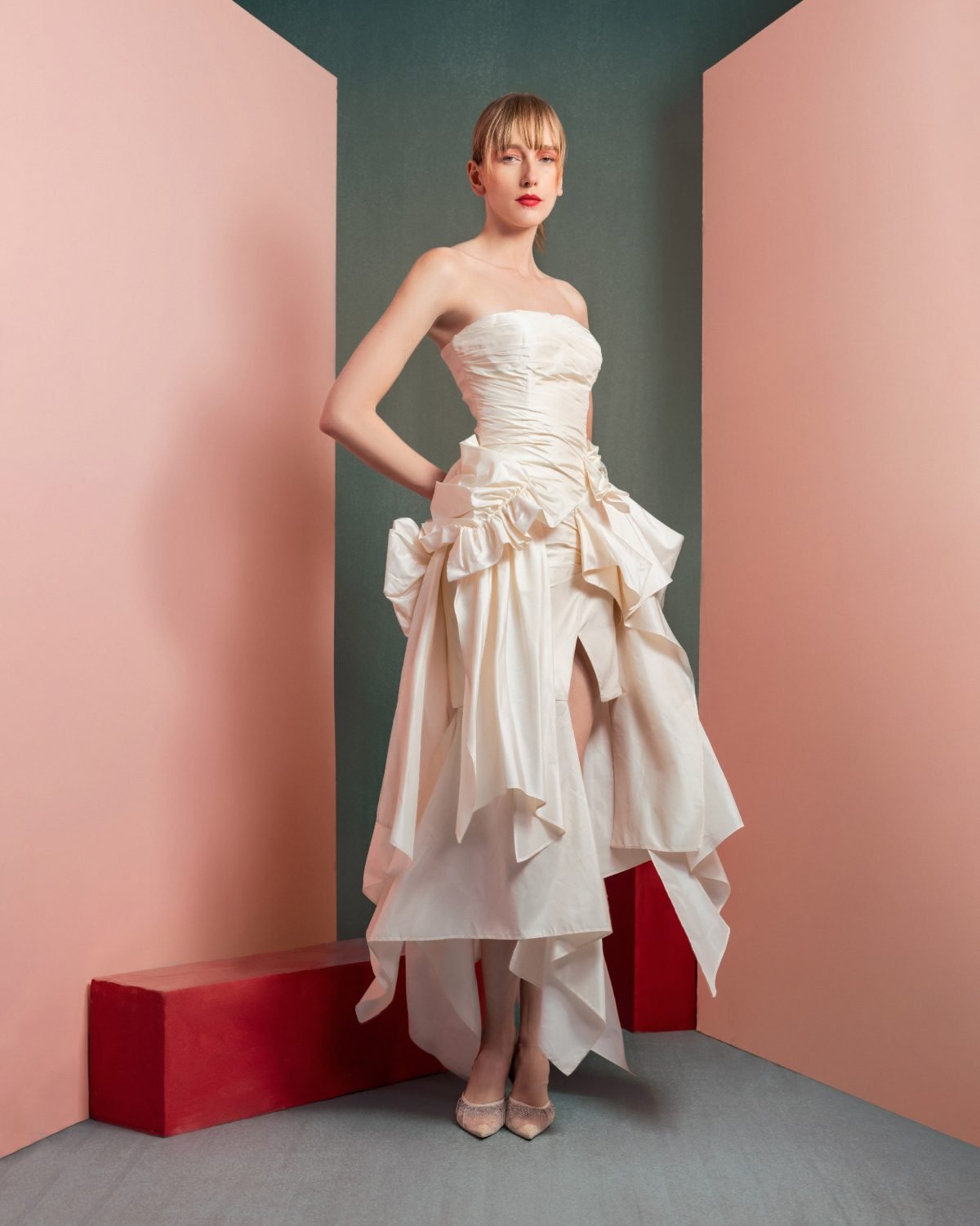 Strapless Asymmetrical Taffeta Dress with Ruffle Accents