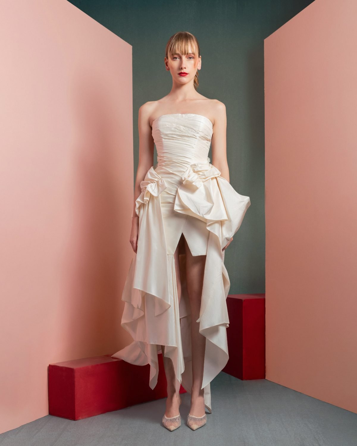 Strapless Asymmetrical Taffeta Dress with Ruffle Accents
