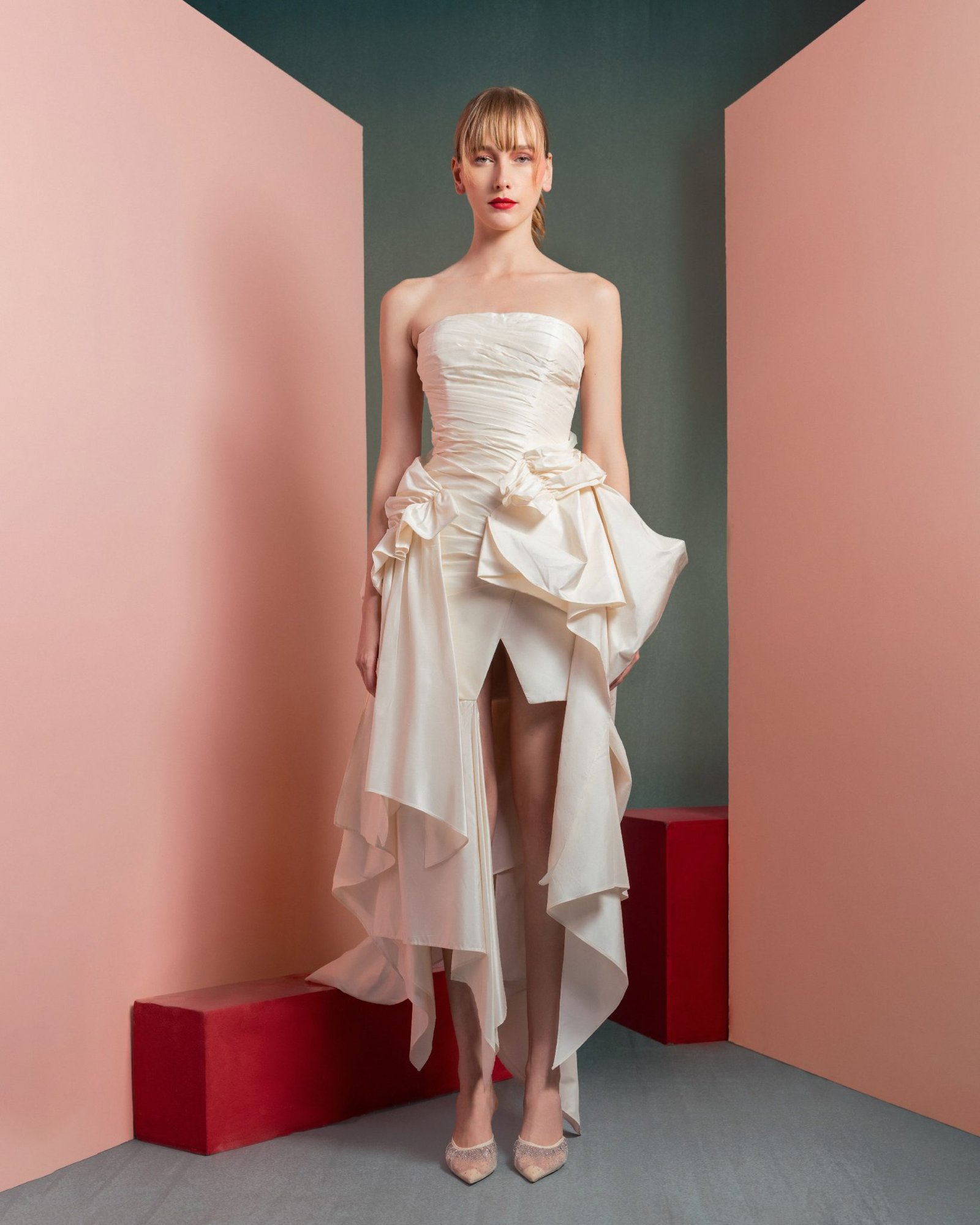 Strapless Asymmetrical Taffeta Dress with Ruffle Accents