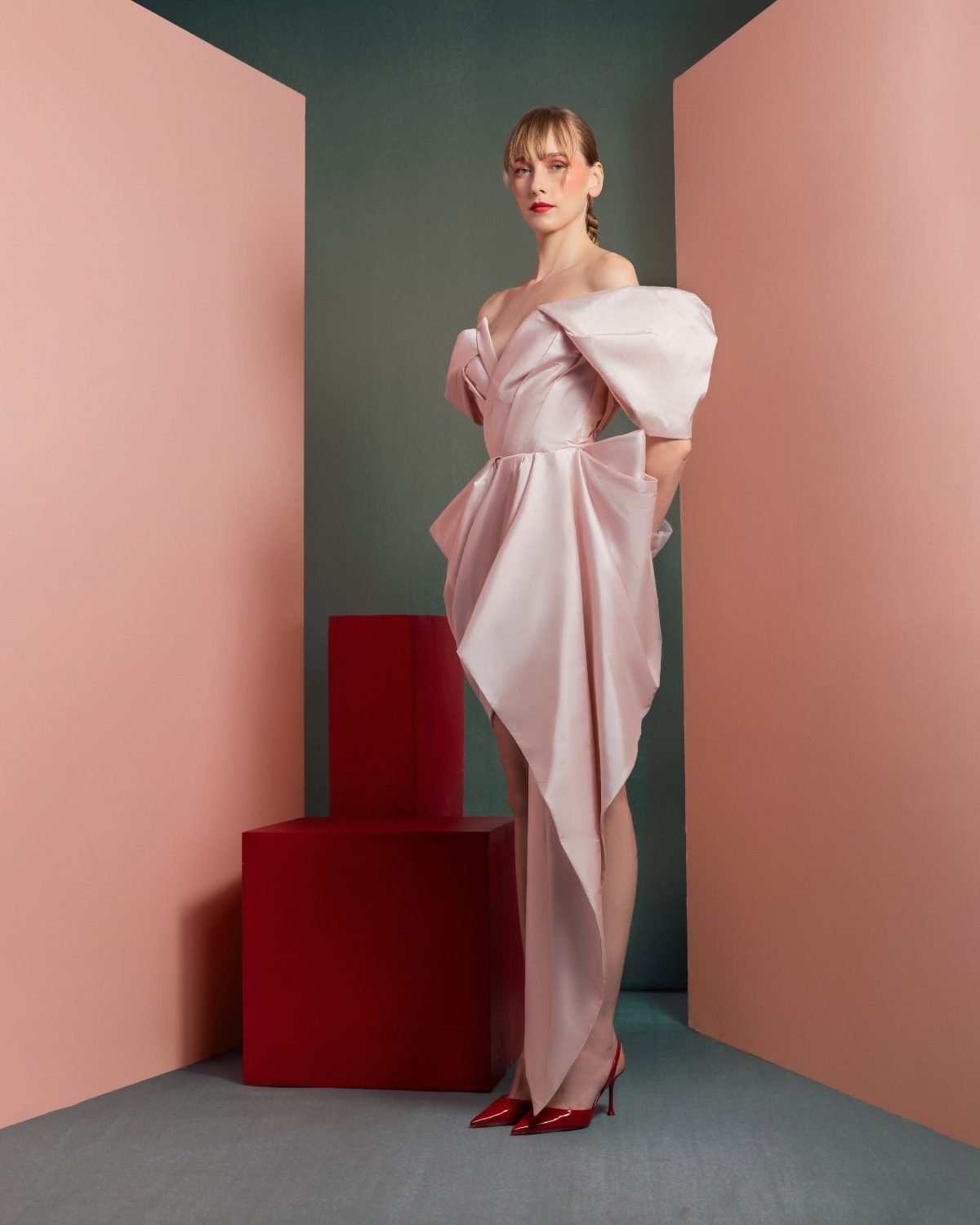 Asymmetrical Pink Taffeta Dress with Dynamic Off-Shoulders