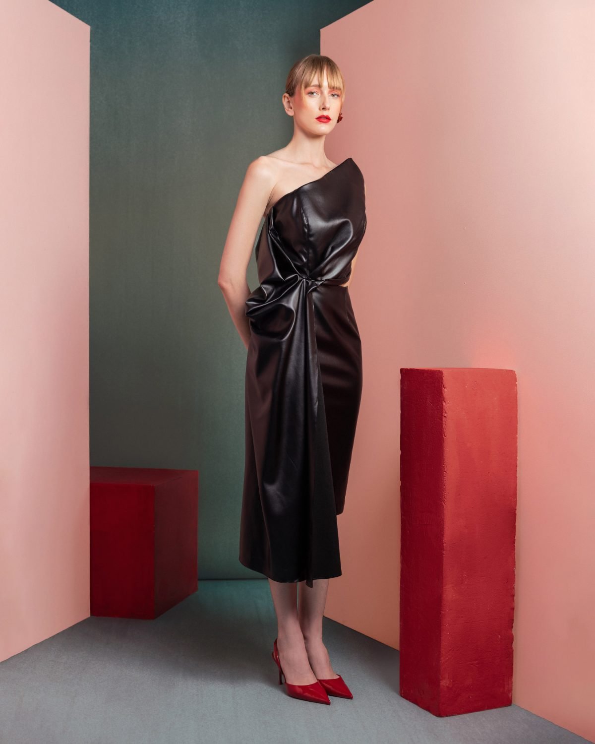Sleek Black Leather One-Shoulder Dress with Cut-Out Detail