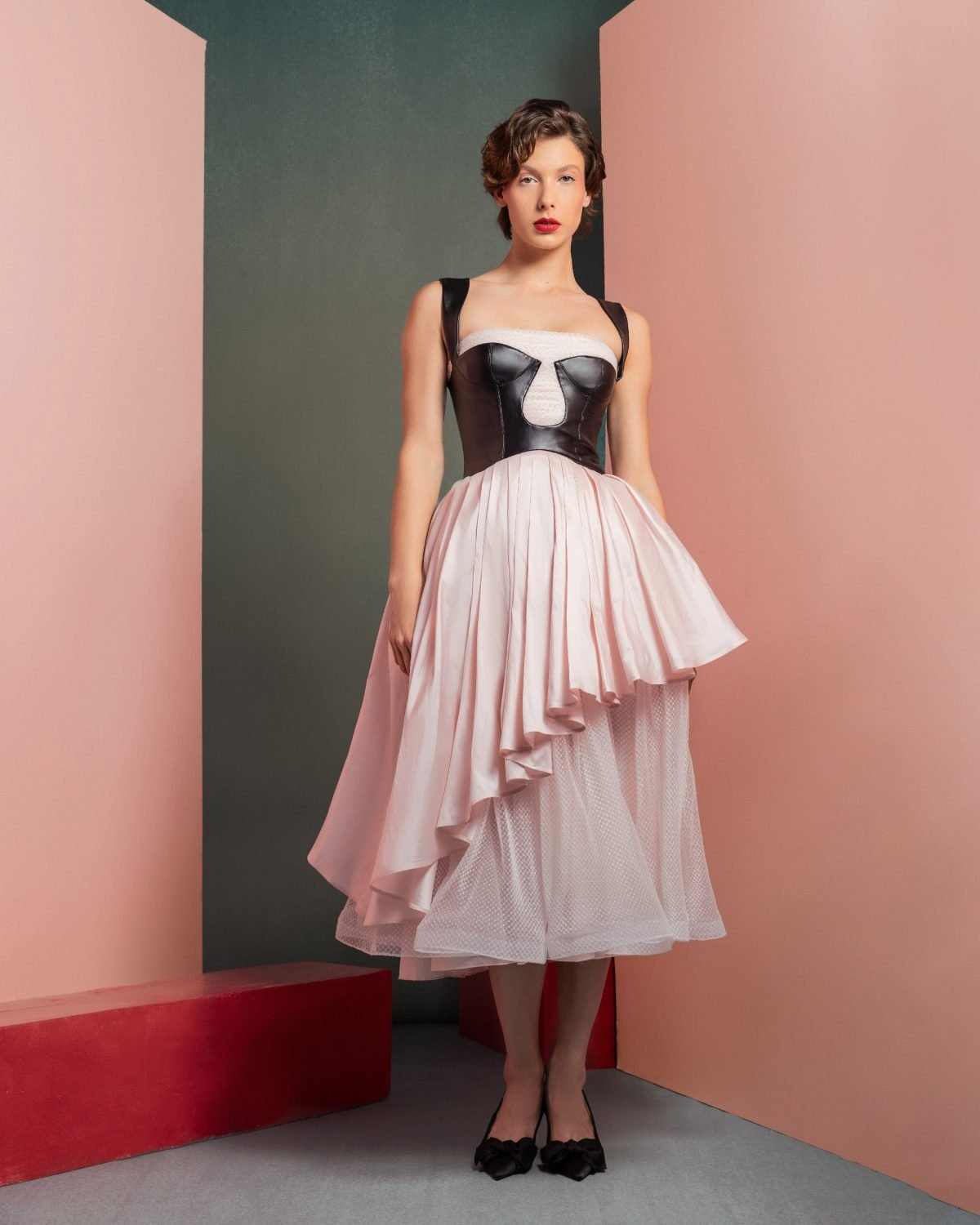 Modern Pink Midi Dress with Leather Bodice