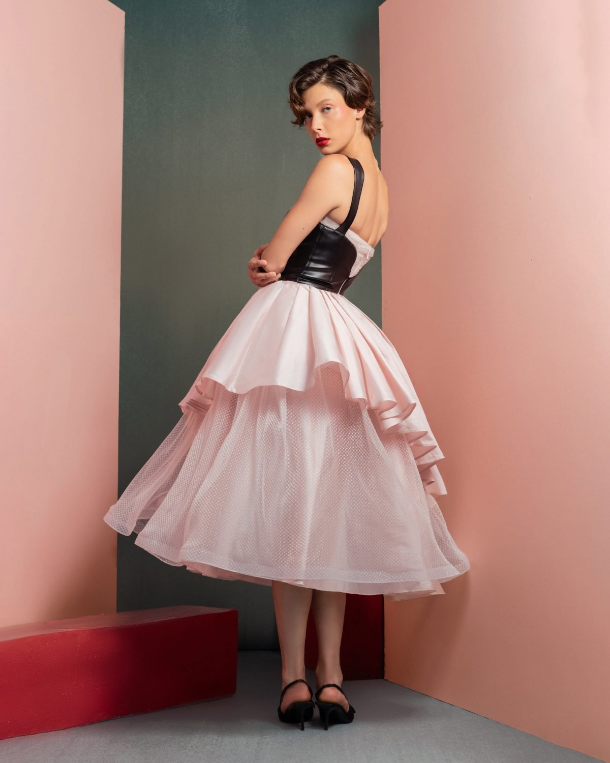 Modern Pink Midi Dress with Leather Bodice
