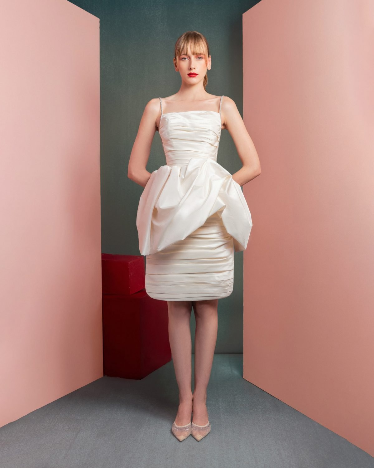 Off-White Taffeta Dress with Unique Draping and Mesh Sides