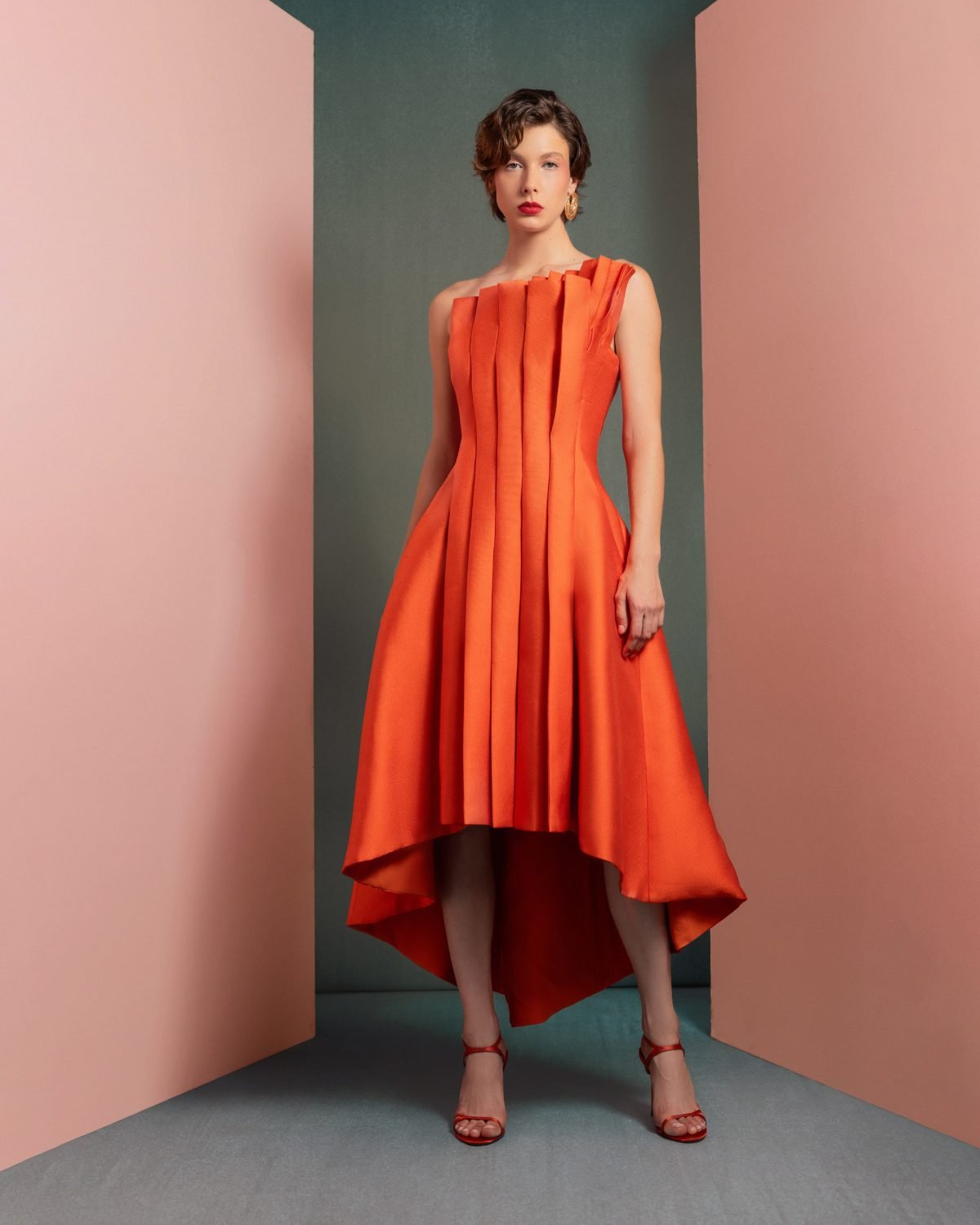 Vibrant Orange Mikado Piqué Dress with Structured Pleats